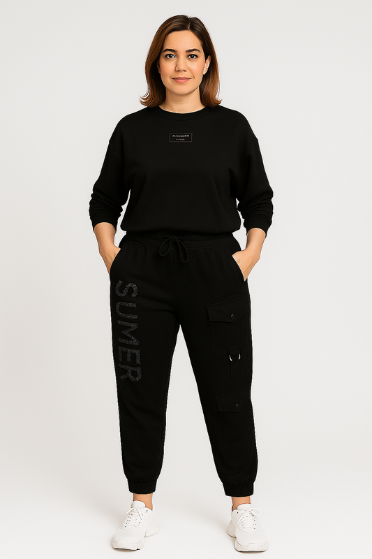 Damen Zweiteiler Regular Fit Oberteil mit Buchstabenprint Hose Langarm Casual Lounge Set 2-teilig