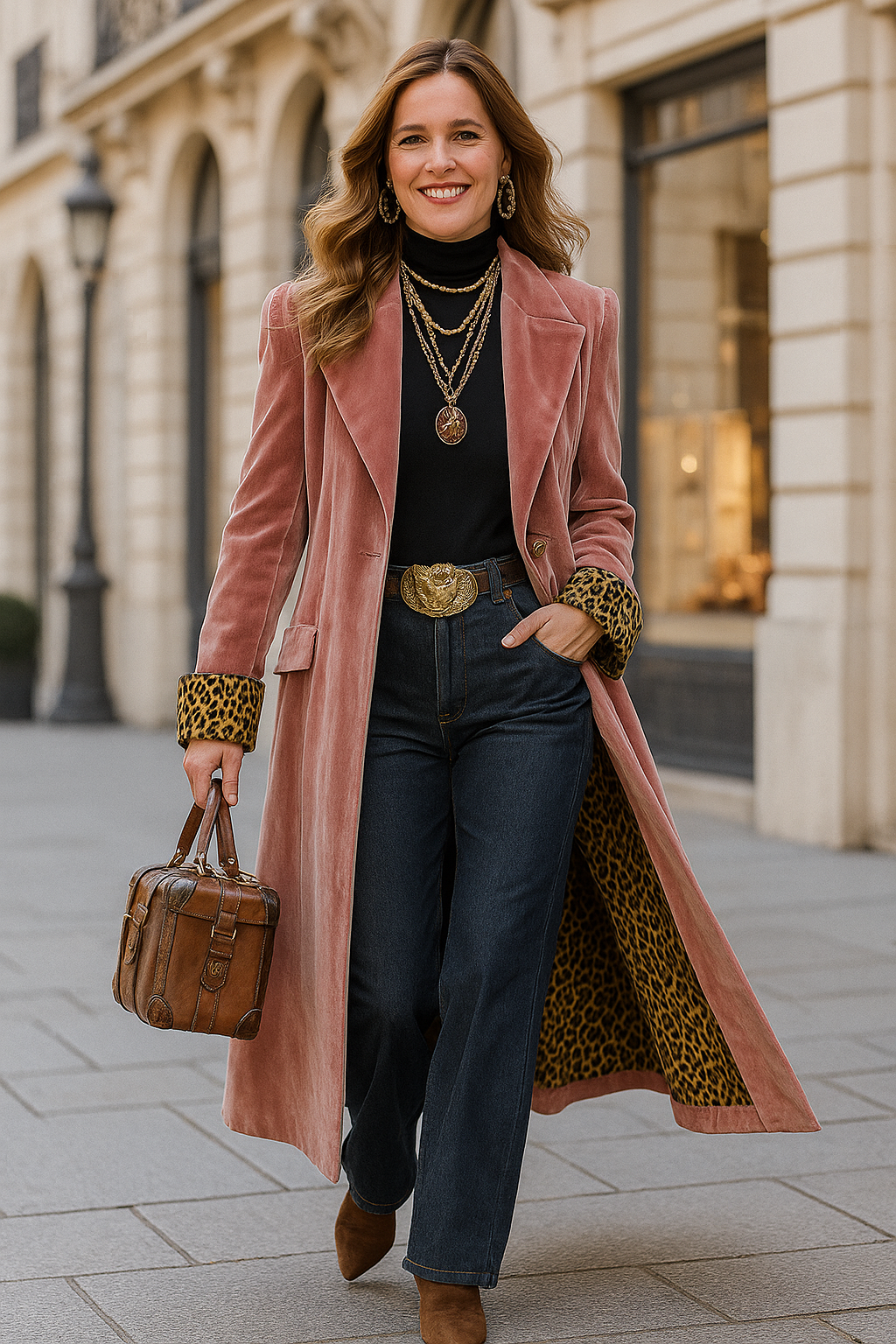 Damen Mantel Samt Leopardenmuster Revers Einreiher Lockerer Schnitt Elegant Lang