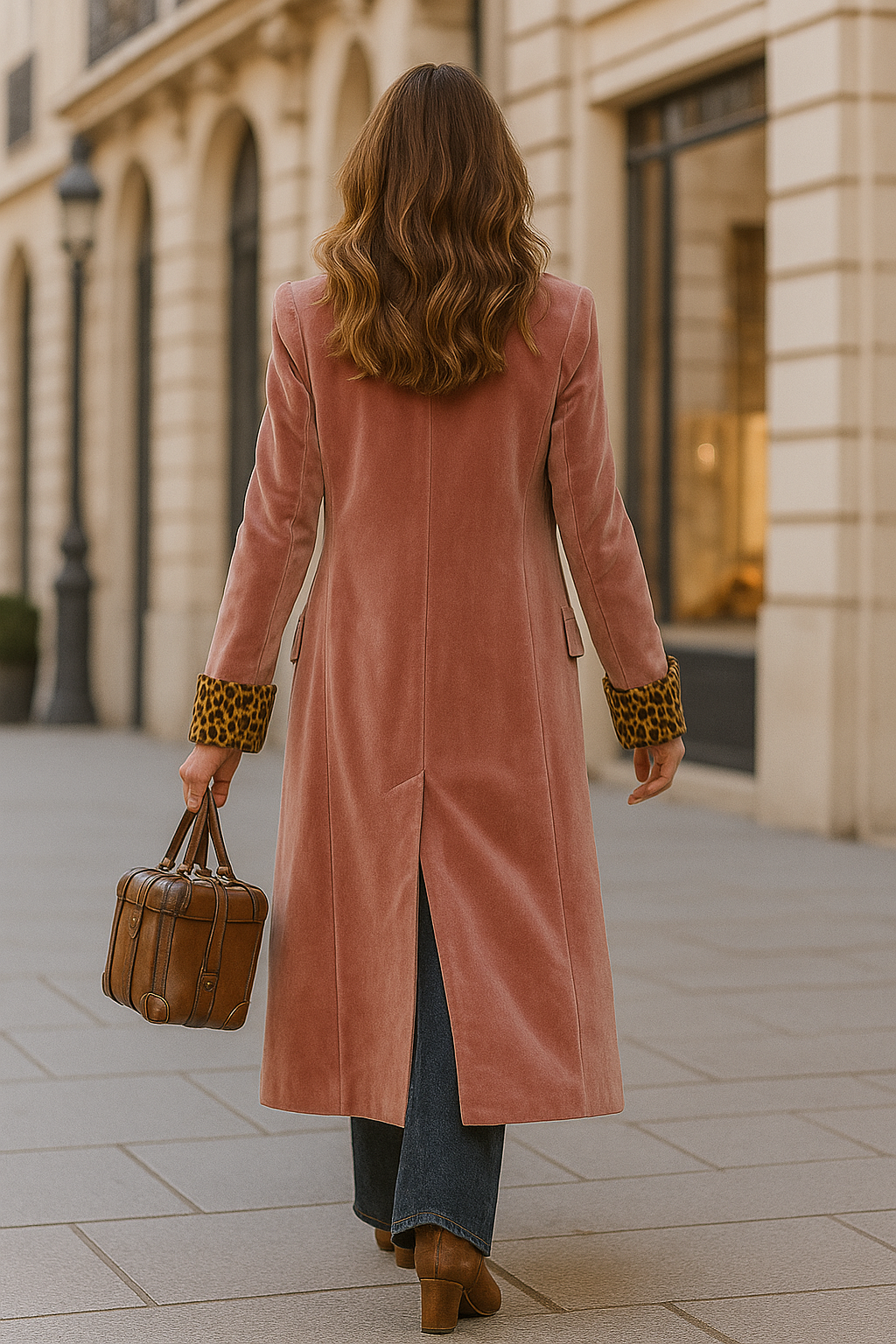 Damen Mantel Samt Leopardenmuster Revers Einreiher Lockerer Schnitt Elegant Lang