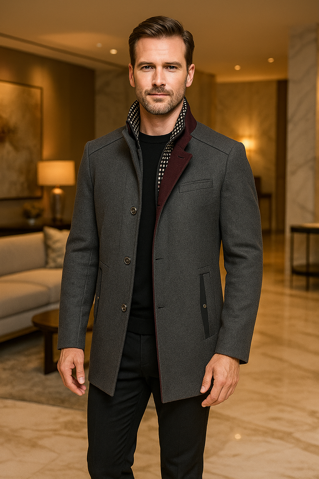 Herren Wollmantel Slim Fit Stehkragen Elegant Winter Langmantel Business Casual Übergang