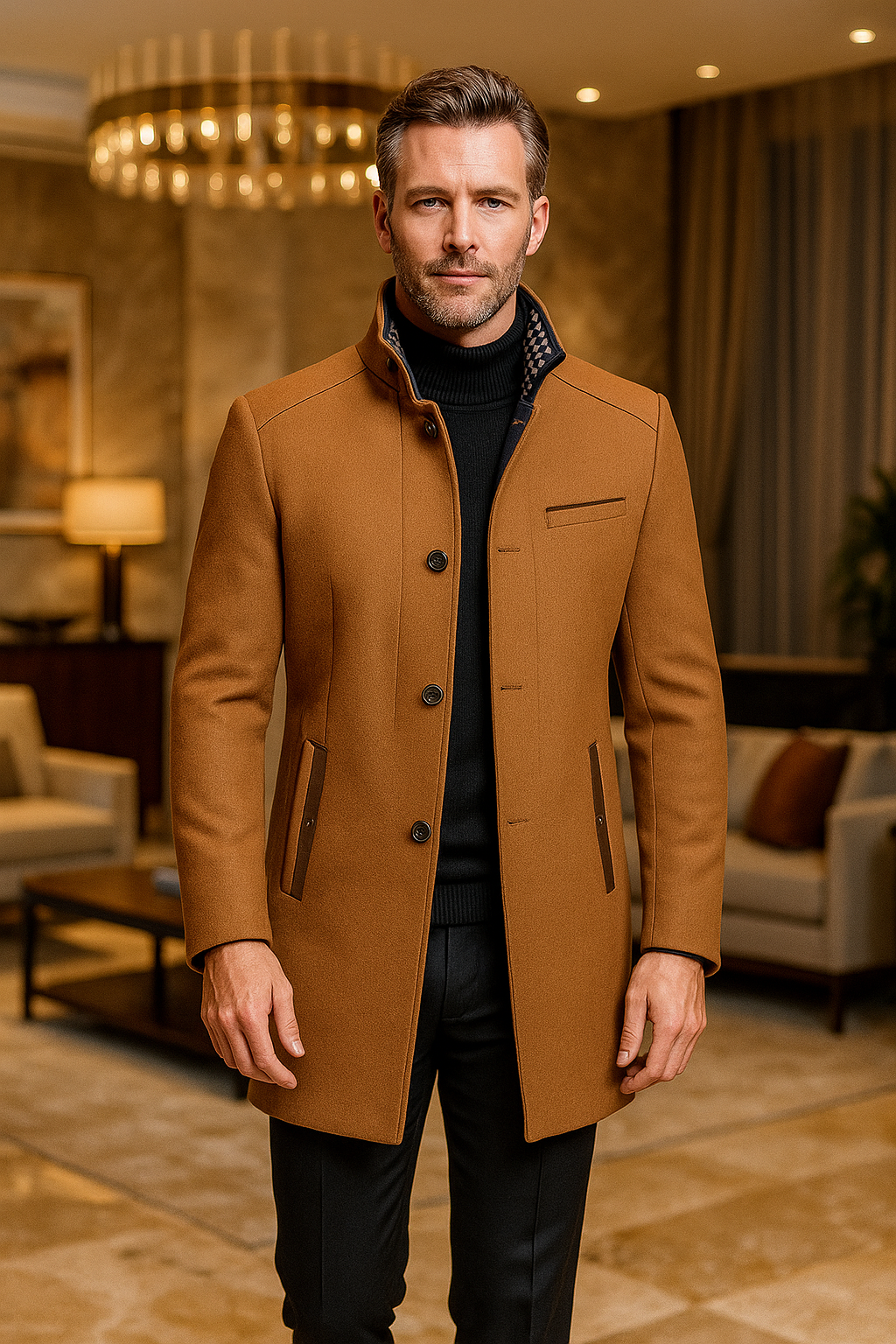 Herren Wollmantel Slim Fit Stehkragen Elegant Winter Langmantel Business Casual Übergang
