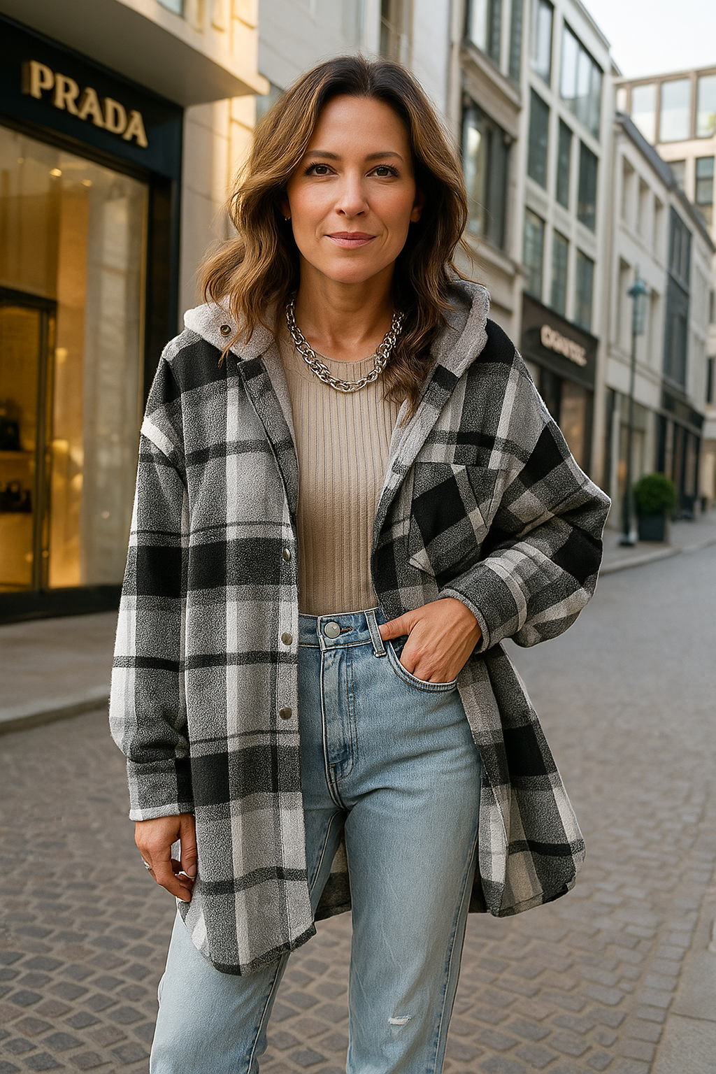 Damen Kapuzenjacke Kariert Lockerer Schnitt Warm Casual Übergang Mit Kapuze
