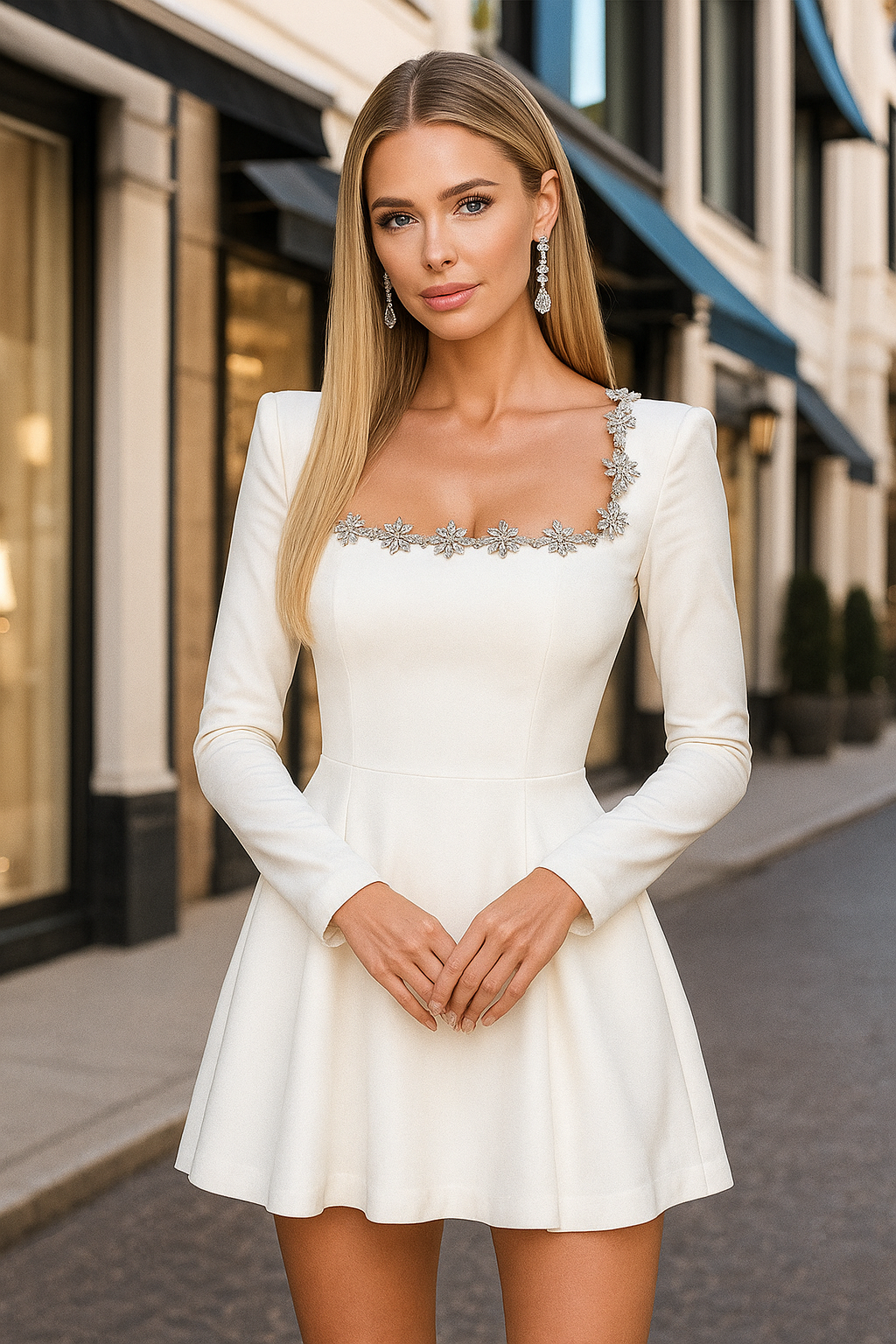 Damen Kleid Samtoptik langarm tailliert mit Kristallbesatz quadratischer Ausschnitt elegantes Abendkleid