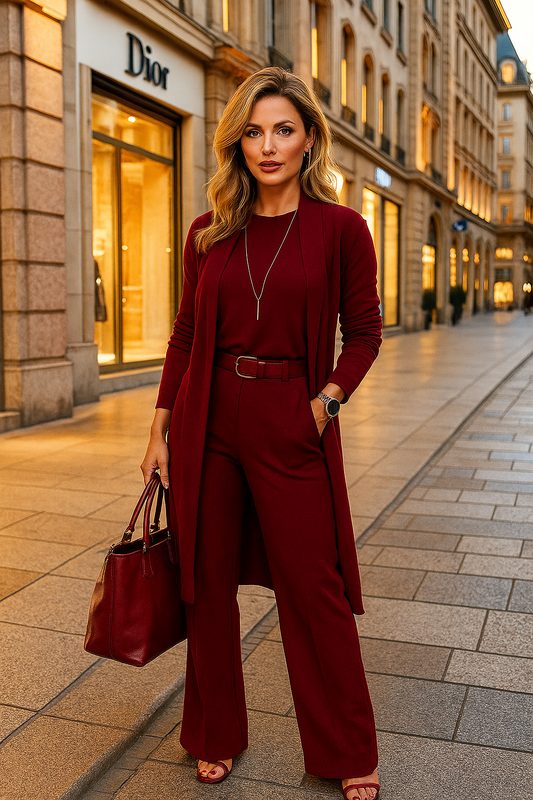 Damen Dreiteiler Regular Fit Strickset Top mit Cardigan und Hose Stretch Loungewear Set 3-teilig elegant