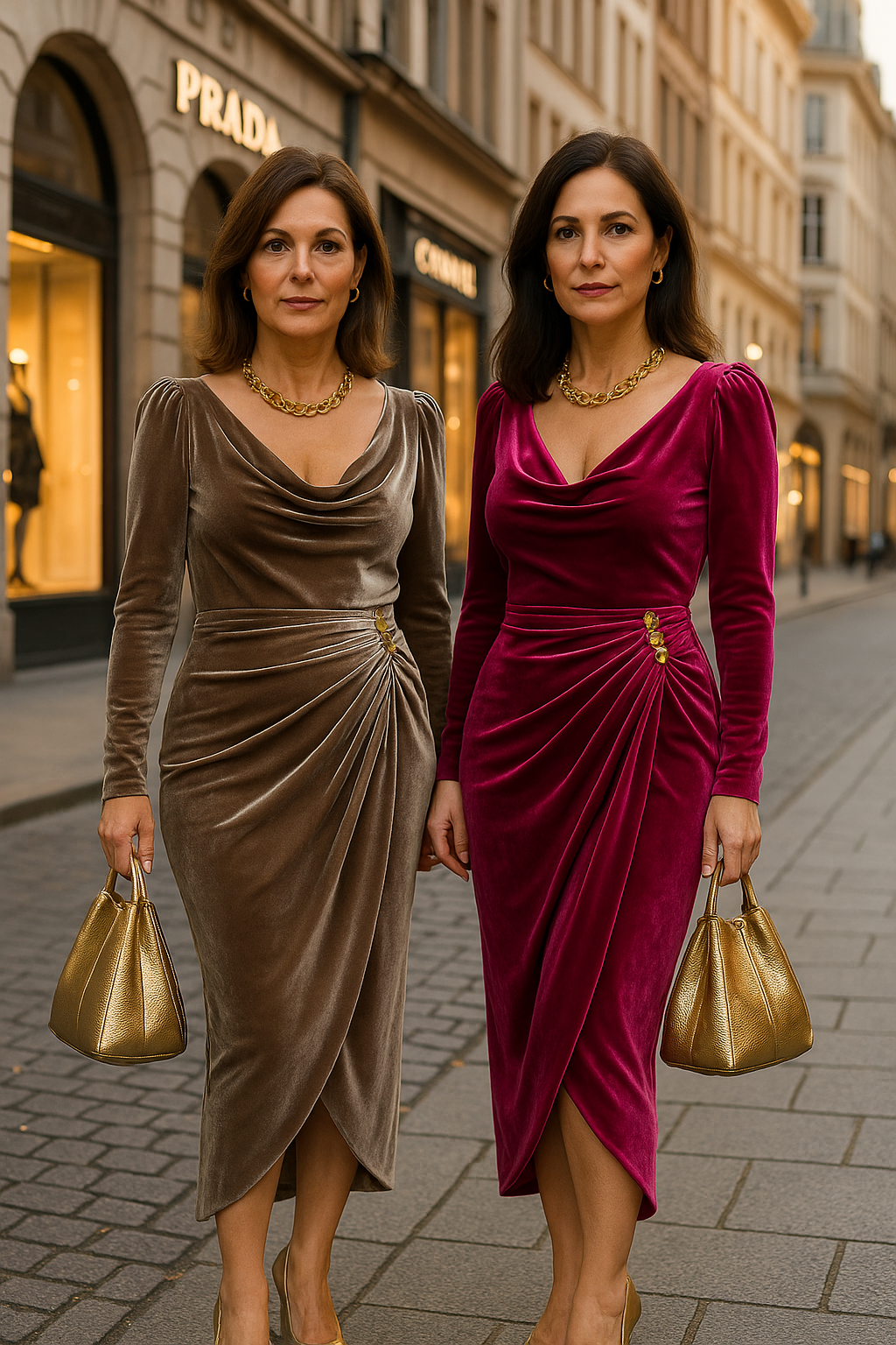 Damen Midikleid Samtoptik Wasserfallausschnitt figurbetont Wickeloptik langarm elegant