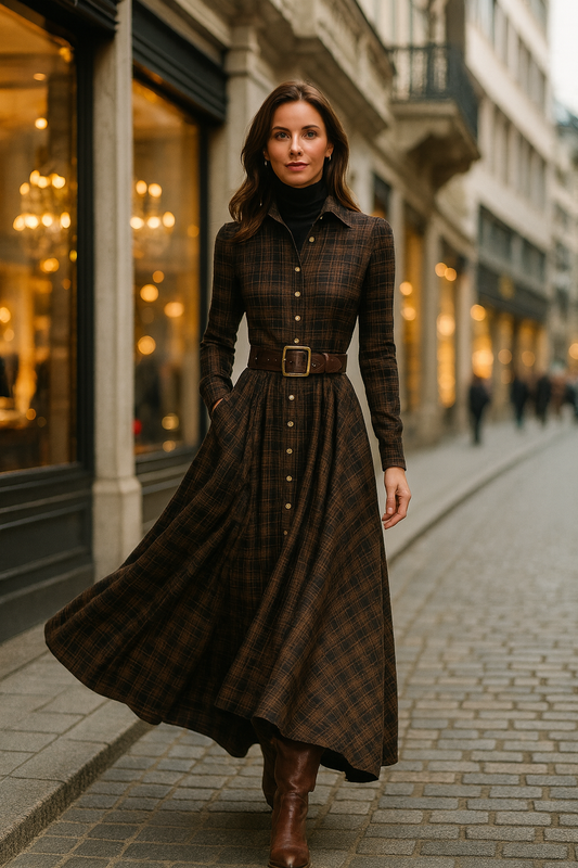 Damen Maxikleid langarm elastischer Bund locker Passform Taschen fließend bequem