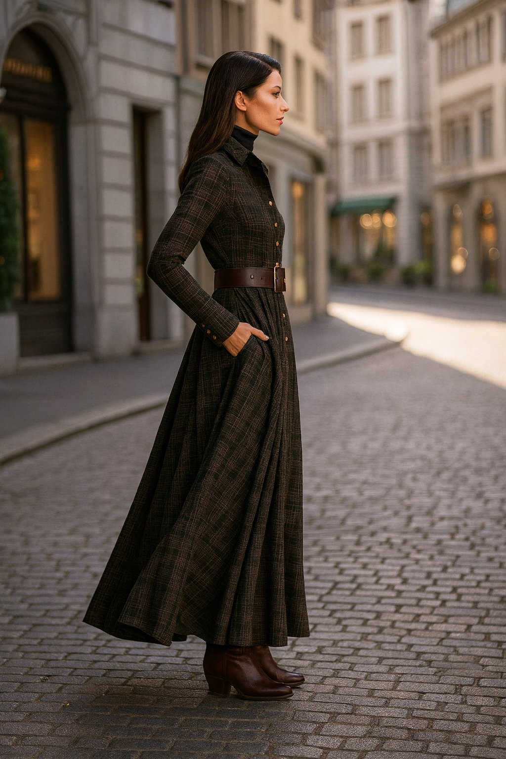 Damen Maxikleid langarm elastischer Bund locker Passform Taschen fließend bequem
