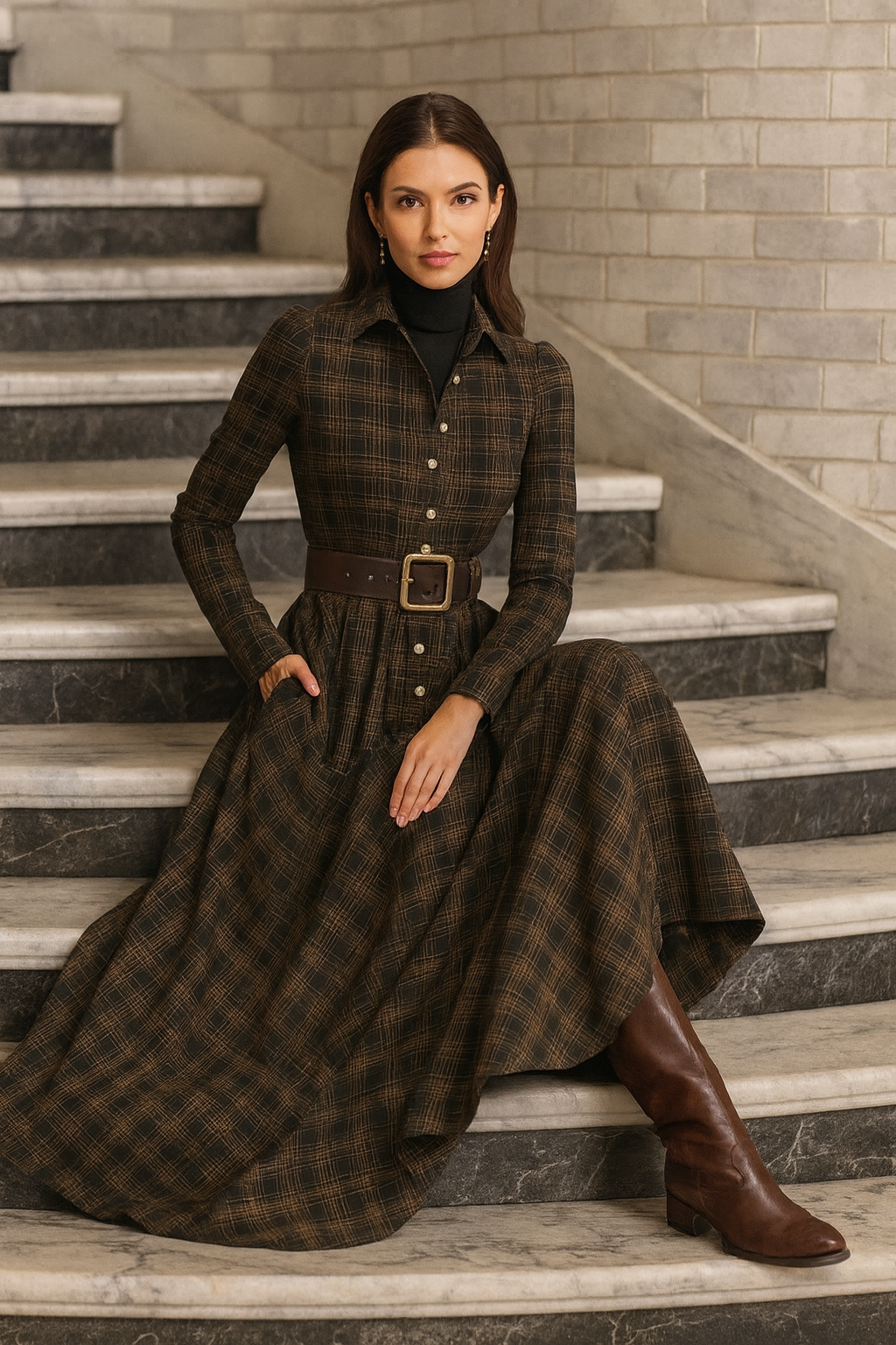 Damen Maxikleid langarm elastischer Bund locker Passform Taschen fließend bequem