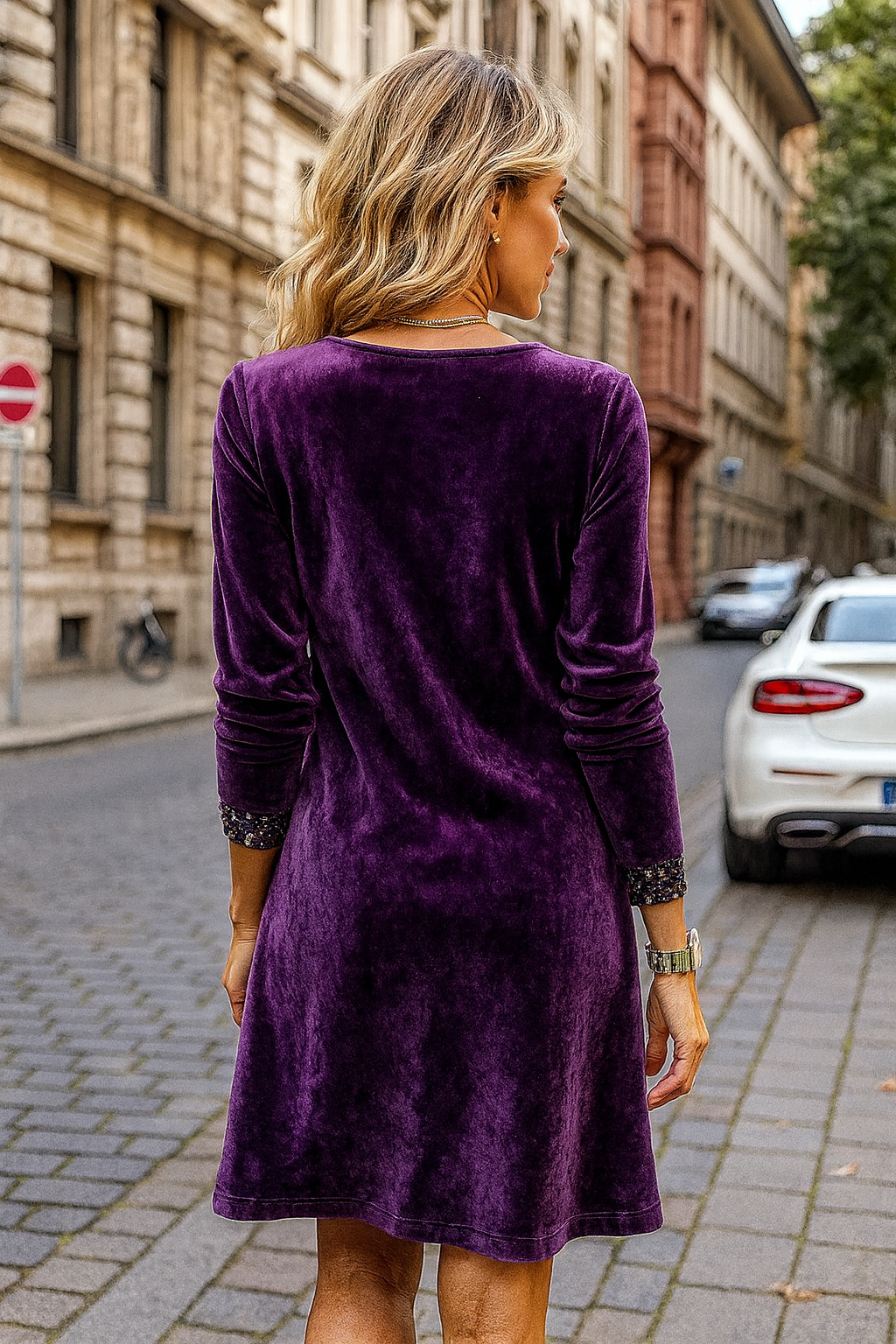 Damen Etuikleid Samt knielang mit V-Ausschnitt Pailletten langarm figurbetont elegante Passform