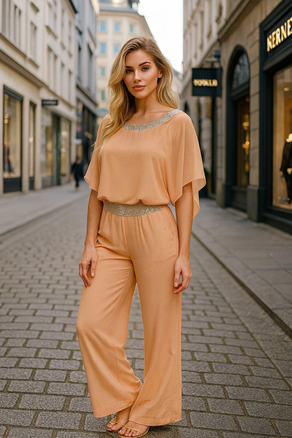 Damen Zweiteiler Regular Fit Colorblock Oberteil mit Schlitzärmeln Hose Pailletten Patchwork Set 2-teilig