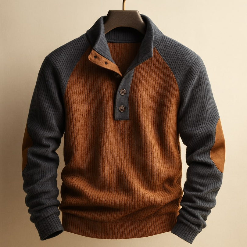 Herren Strickpullover Stehkragen Langarm Kontrast Patches bequem