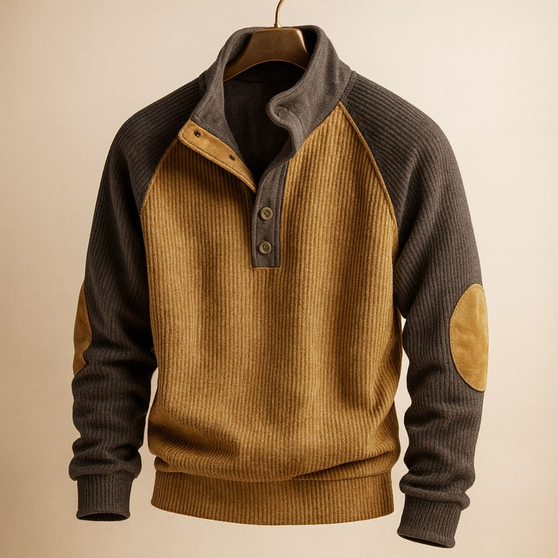 Herren Strickpullover Stehkragen Langarm Kontrast Patches bequem