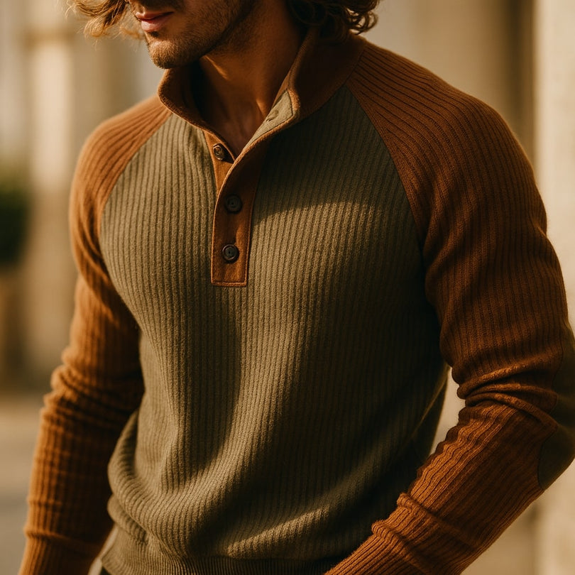Herren Strickpullover Stehkragen Langarm Kontrast Patches bequem