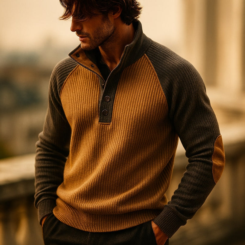 Herren Strickpullover Stehkragen Langarm Kontrast Patches bequem