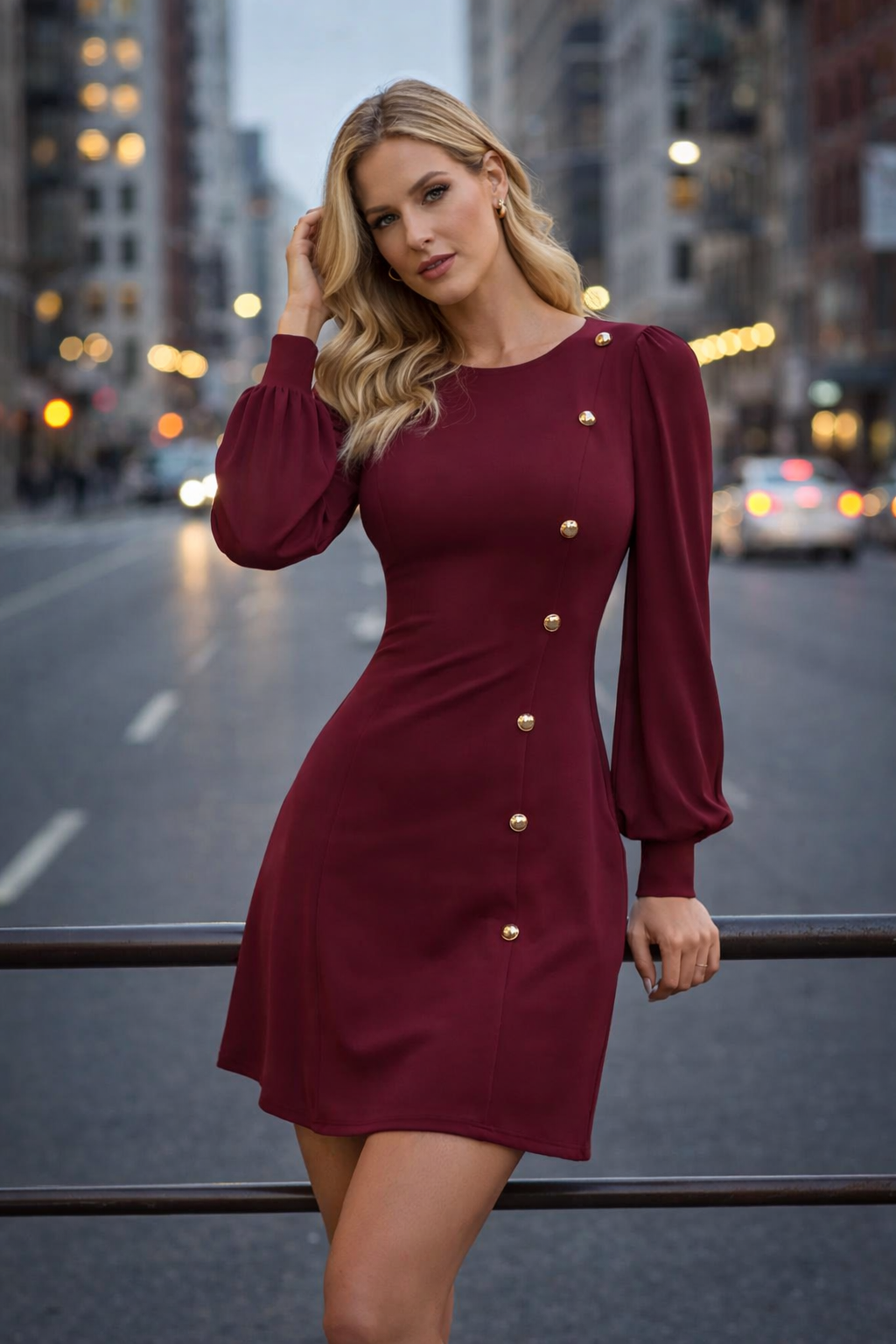 Damen Kleid A-Linie Rundhals transparente Ärmel Knopfleiste langarm elegant