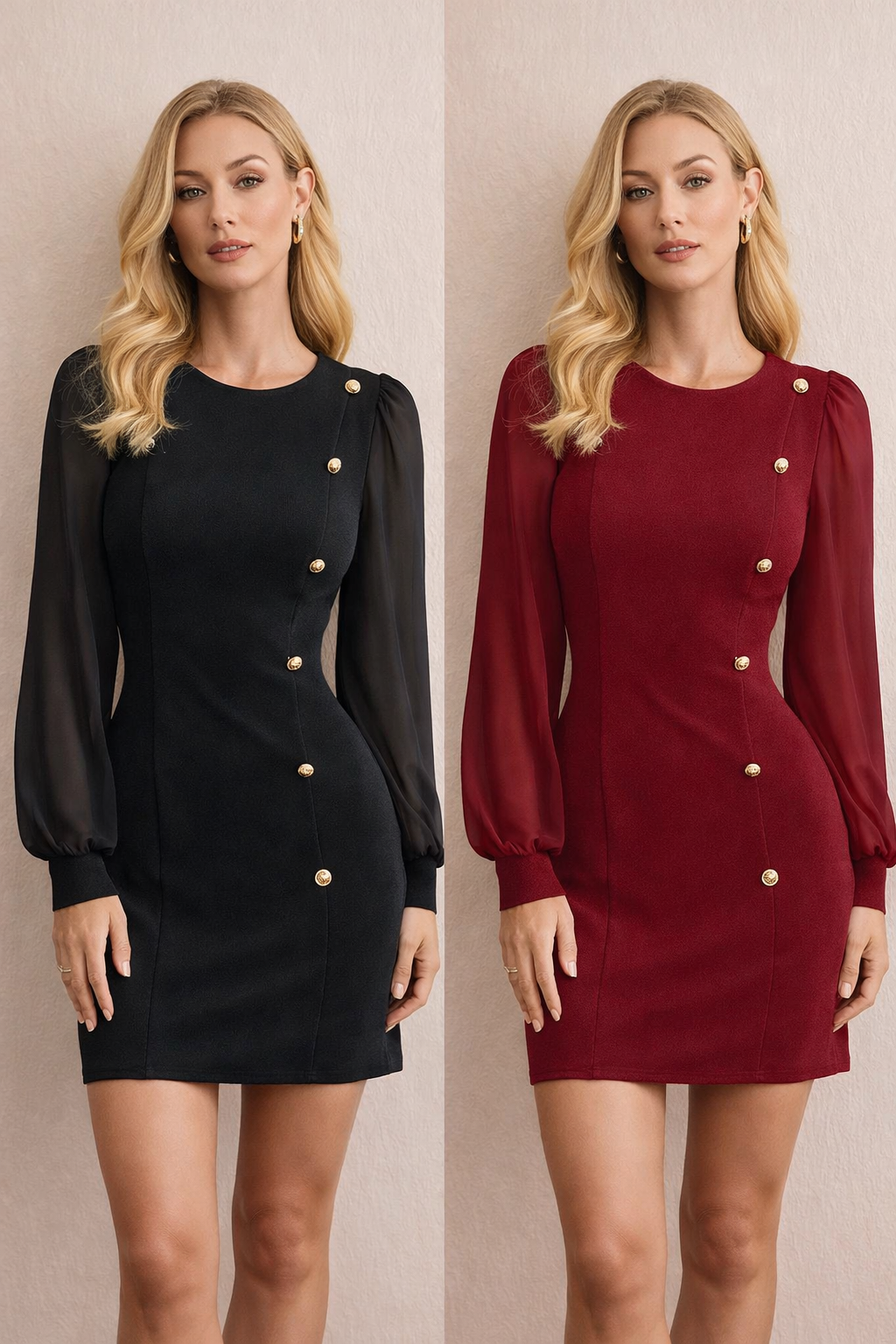 Damen Kleid A-Linie Rundhals transparente Ärmel Knopfleiste langarm elegant