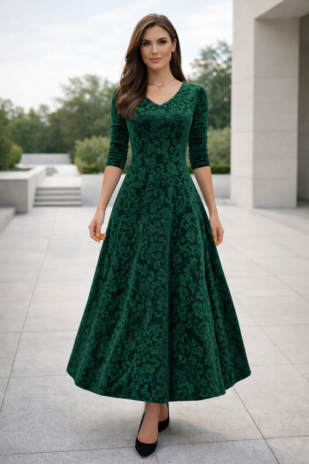 Damen Kleid V-Ausschnitt tailliert locker Passform minimalistisch vielseitig
