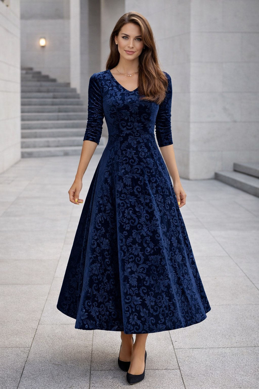 Damen Kleid V-Ausschnitt tailliert locker Passform minimalistisch vielseitig