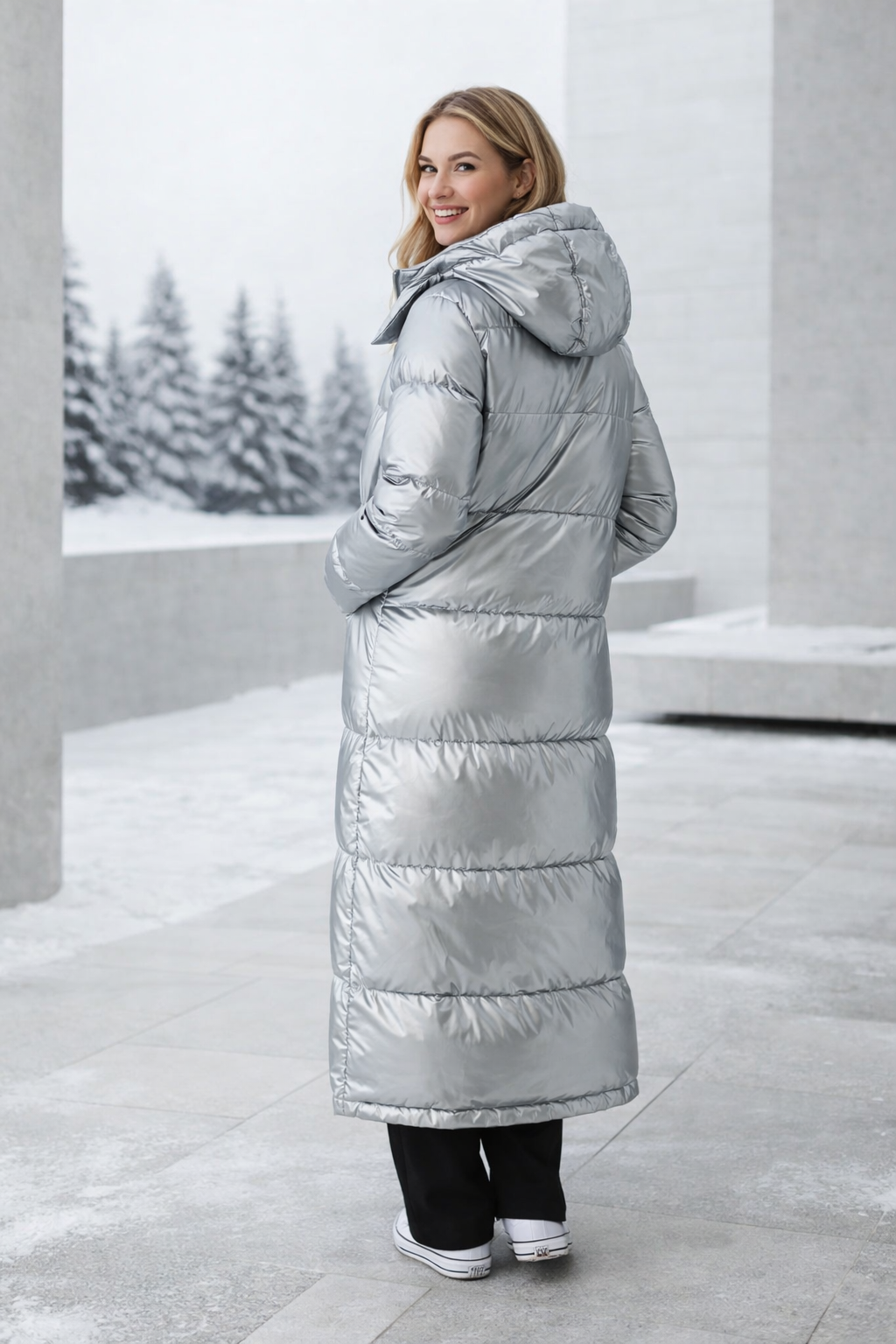 Damen Wintermantel Lang Gesteppt Schwarz Kapuze Wattiert Elegant