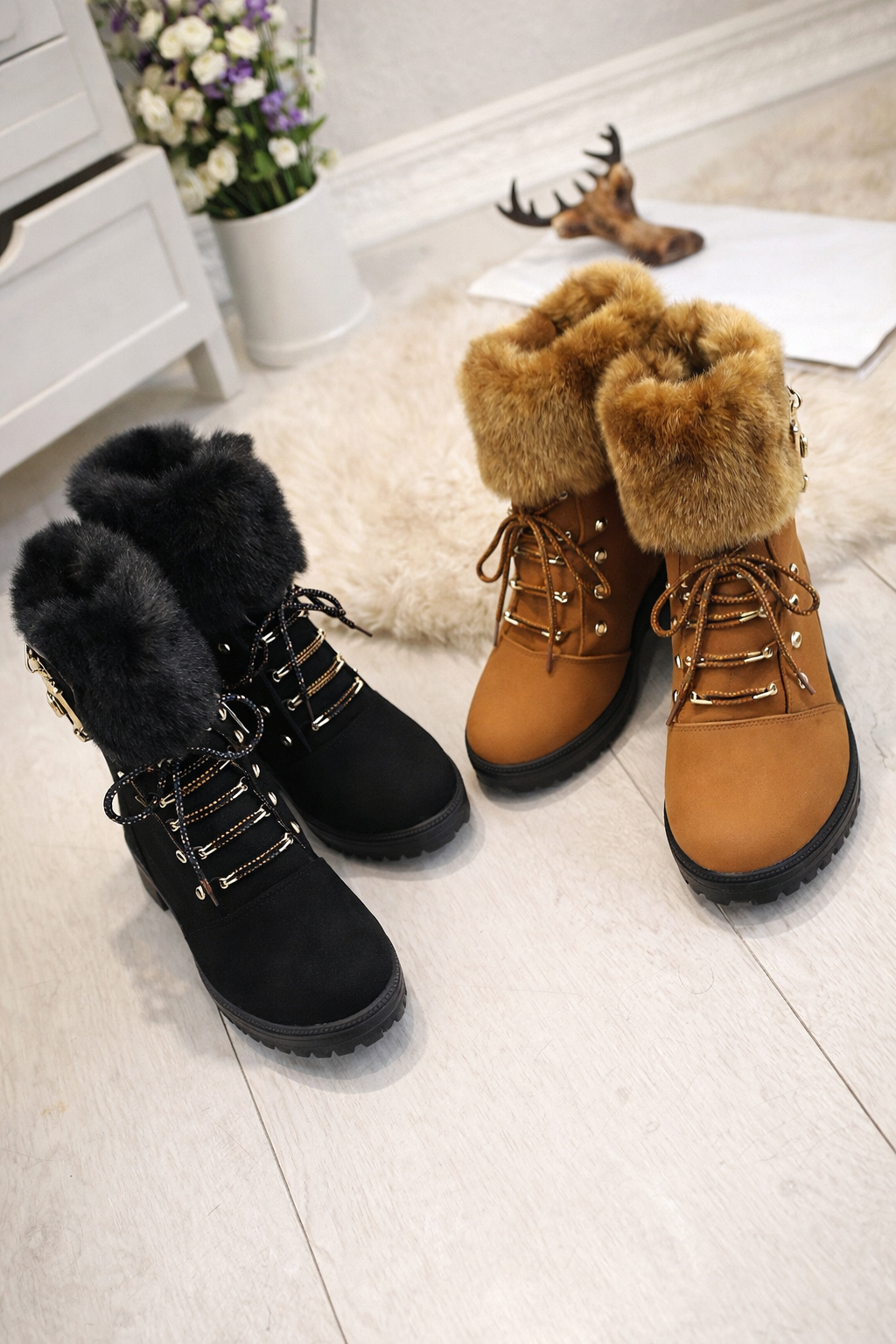 Damen Klobige Ferse Bolzen Stiefeletten warm rutschfest bequem