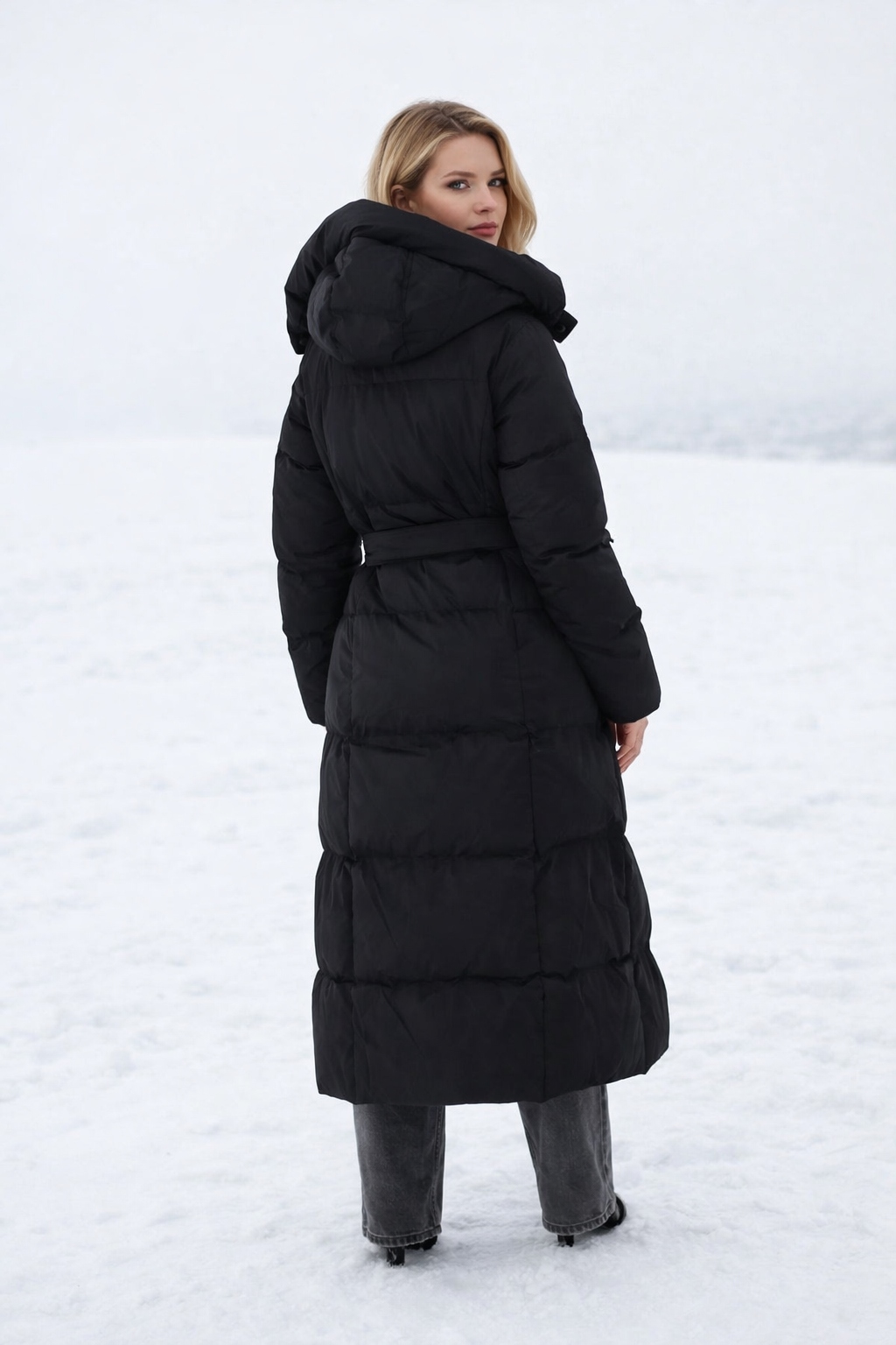 Damen Wintermantel Lang Schwarz Puffer Kapuze Abnehmbar Gürtel