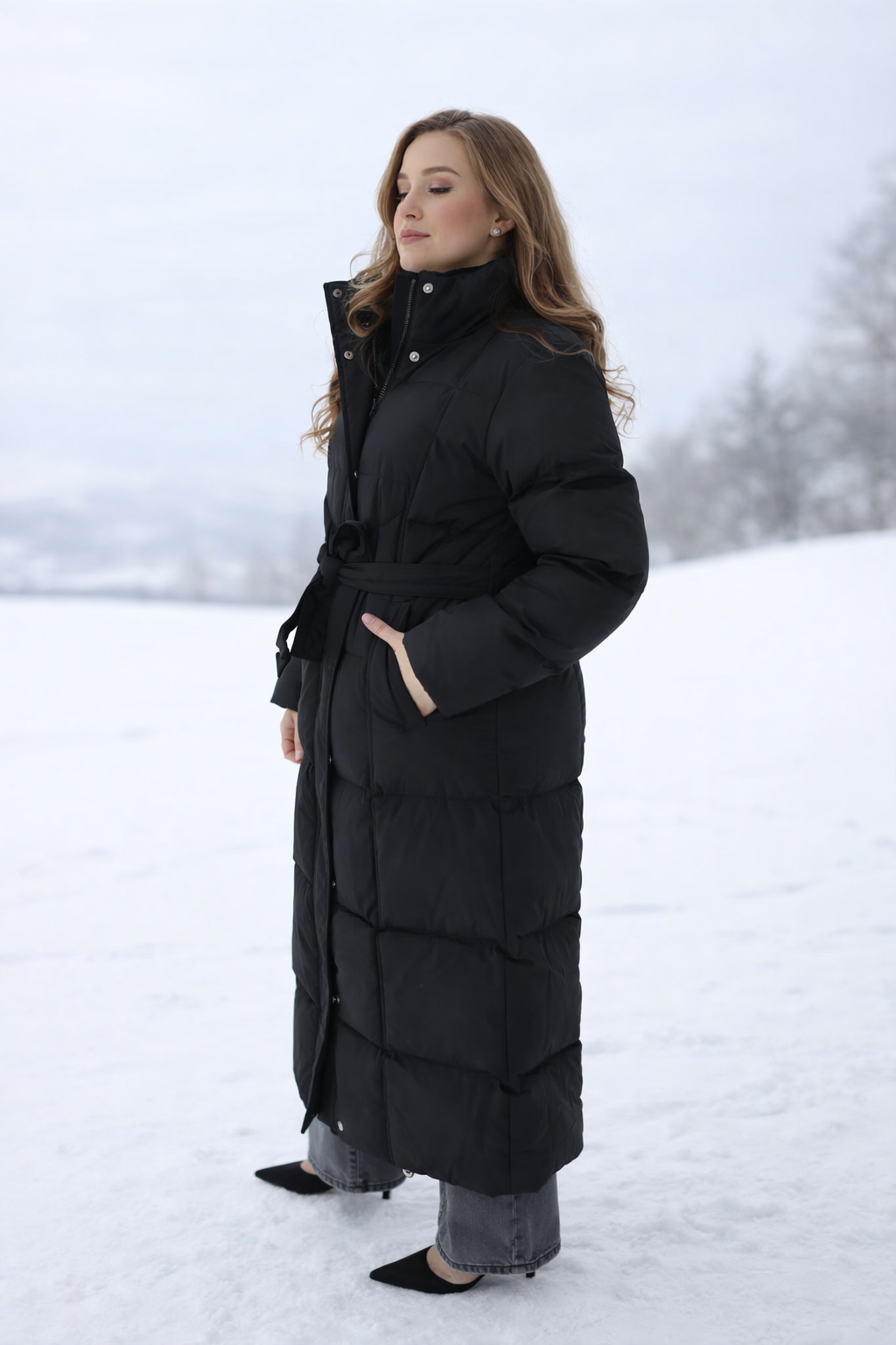 Damen Wintermantel Lang Schwarz Puffer Kapuze Abnehmbar Gürtel