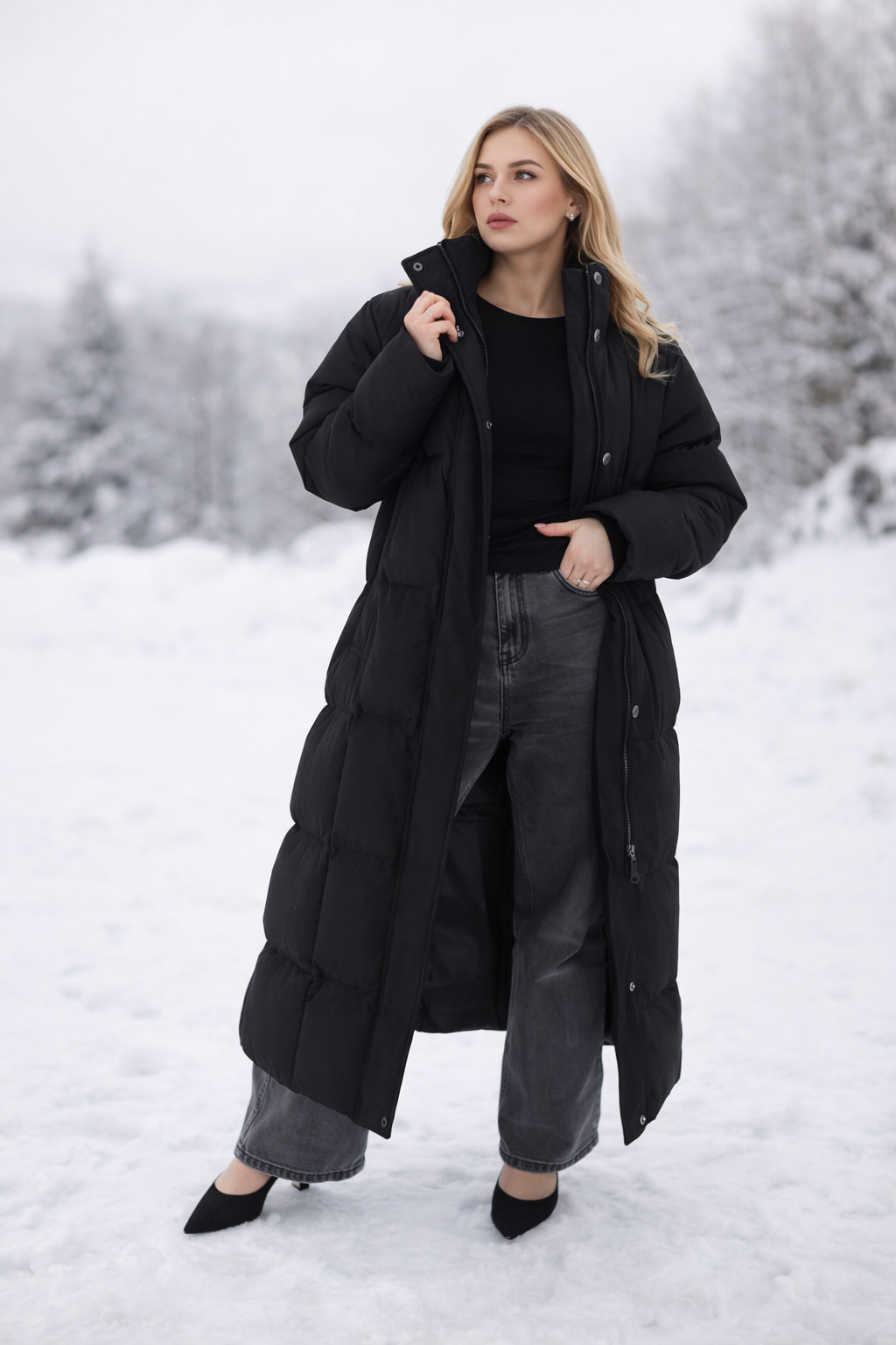 Damen Wintermantel Lang Schwarz Puffer Kapuze Abnehmbar Gürtel