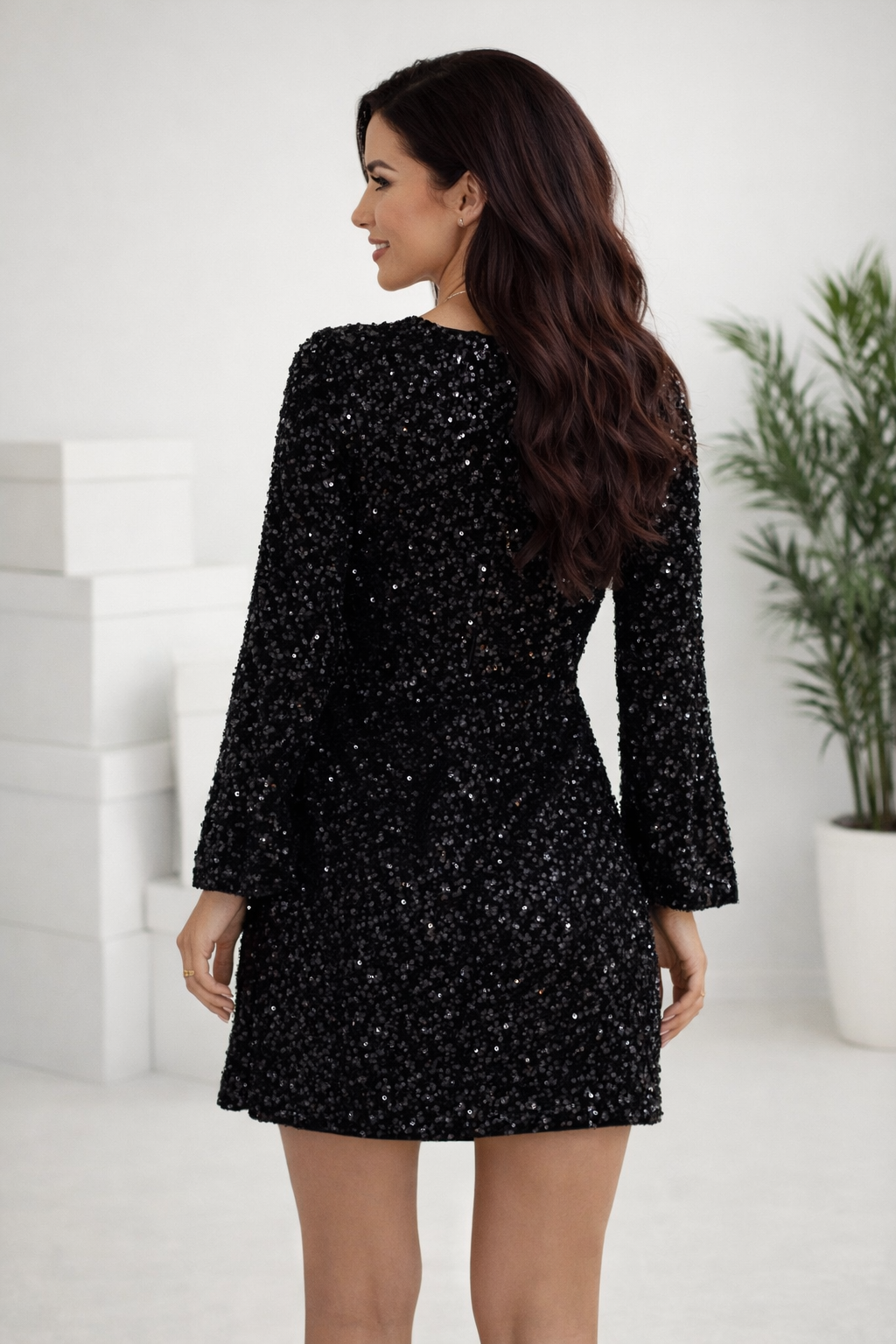 Damen Kleid Pailletten langarm figurbetont Rundhalsausschnitt elegantes Abendkleid