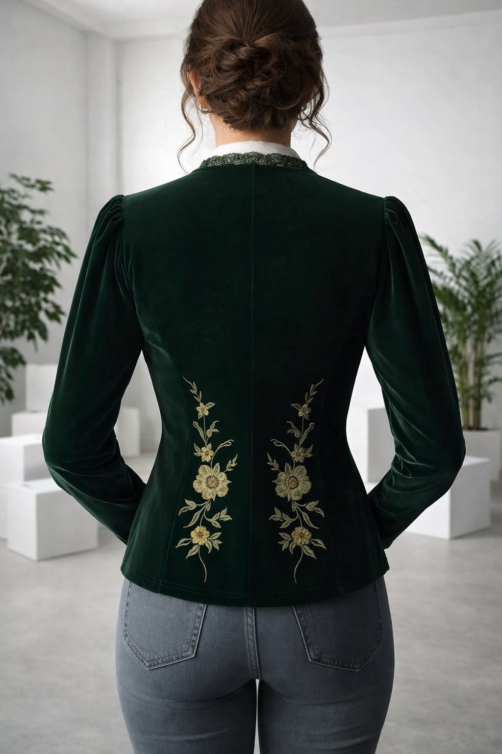 Damen Bluse Samt V-Ausschnitt Langarm Elegant Lockerer Schnitt