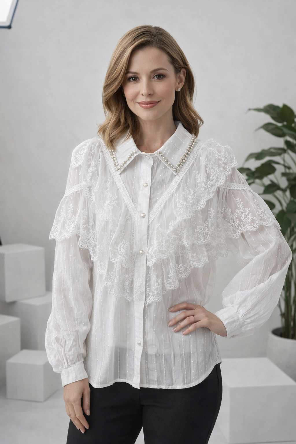 Damen Bluse Vintage Spitze Volants Langarm Lockerer Schnitt Perlenknöpfe Elegant