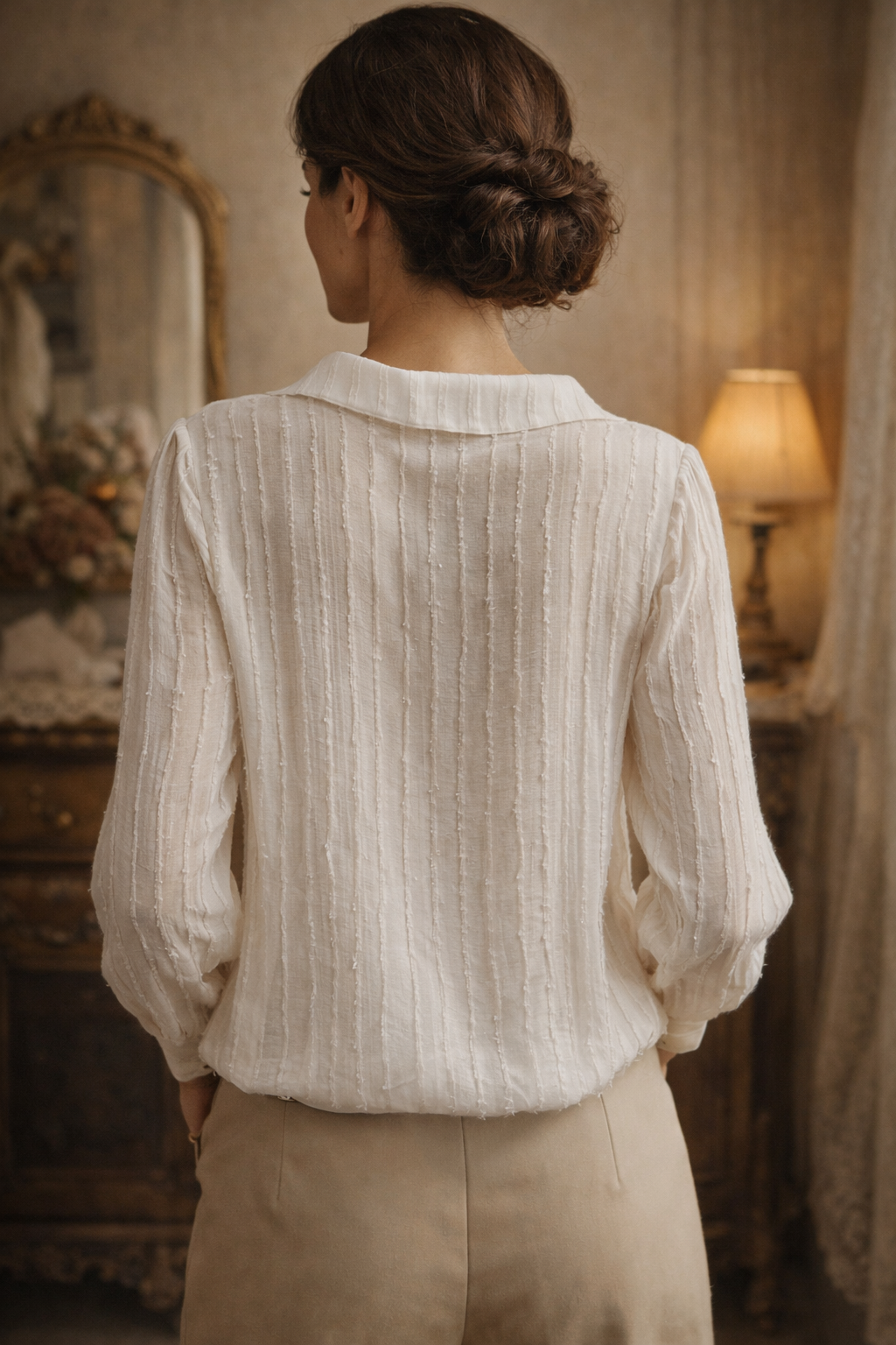 Damen Bluse Vintage Spitze Volants Langarm Lockerer Schnitt Perlenknöpfe Elegant