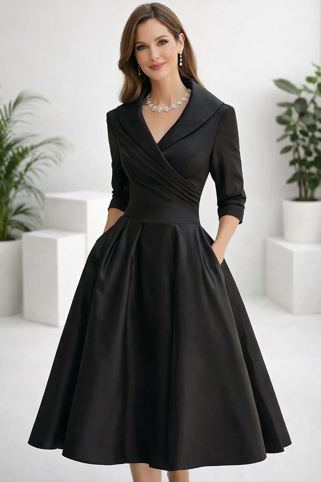 Damen Midikleid A-Linie Schalkragen V-Ausschnitt 3/4 Ärmel tailliert elegant