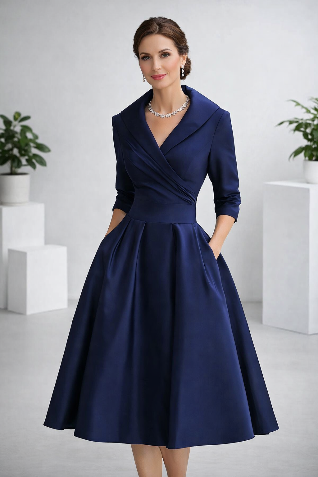 Damen Midikleid A-Linie Schalkragen V-Ausschnitt 3/4 Ärmel tailliert elegant