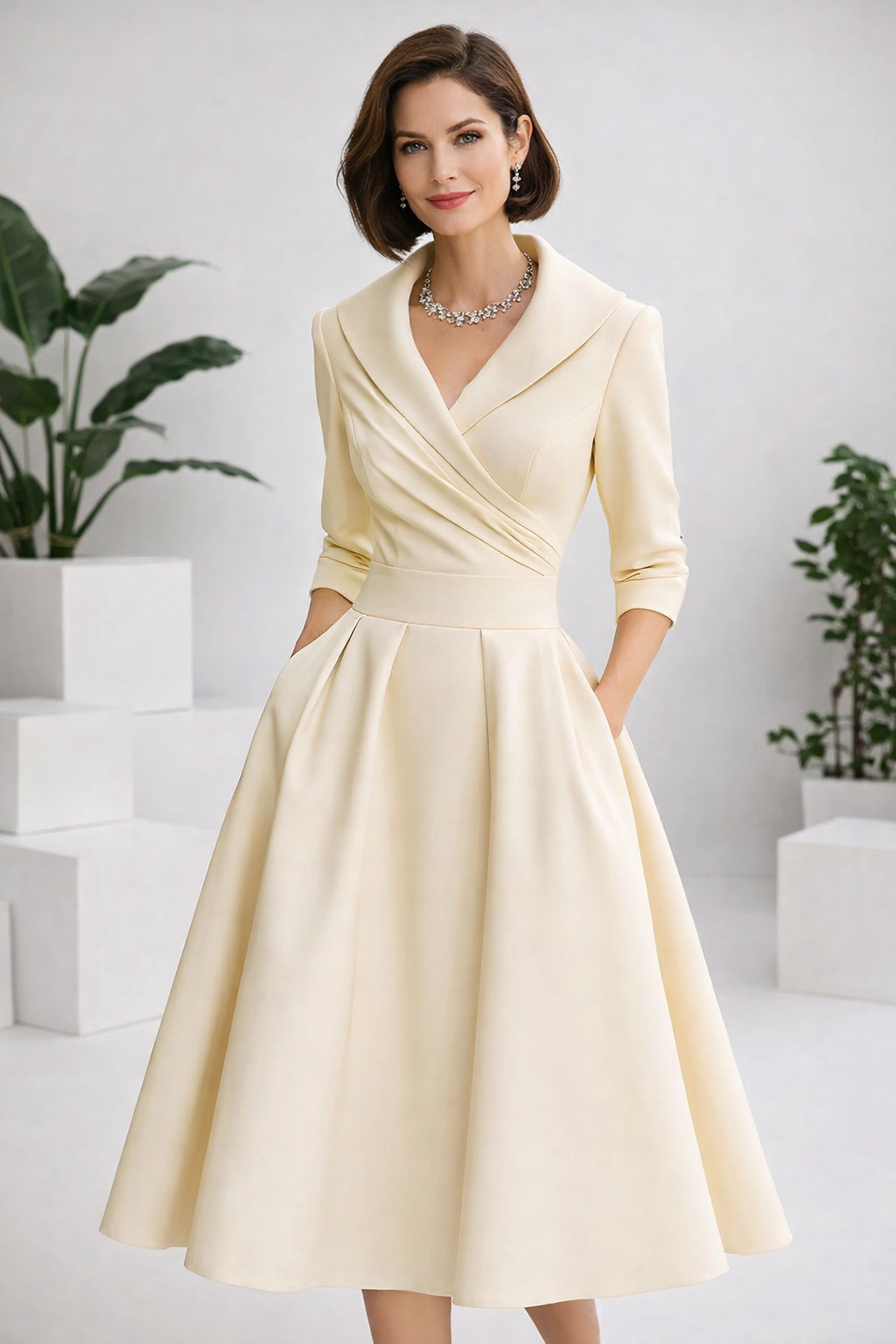 Damen Midikleid A-Linie Schalkragen V-Ausschnitt 3/4 Ärmel tailliert elegant