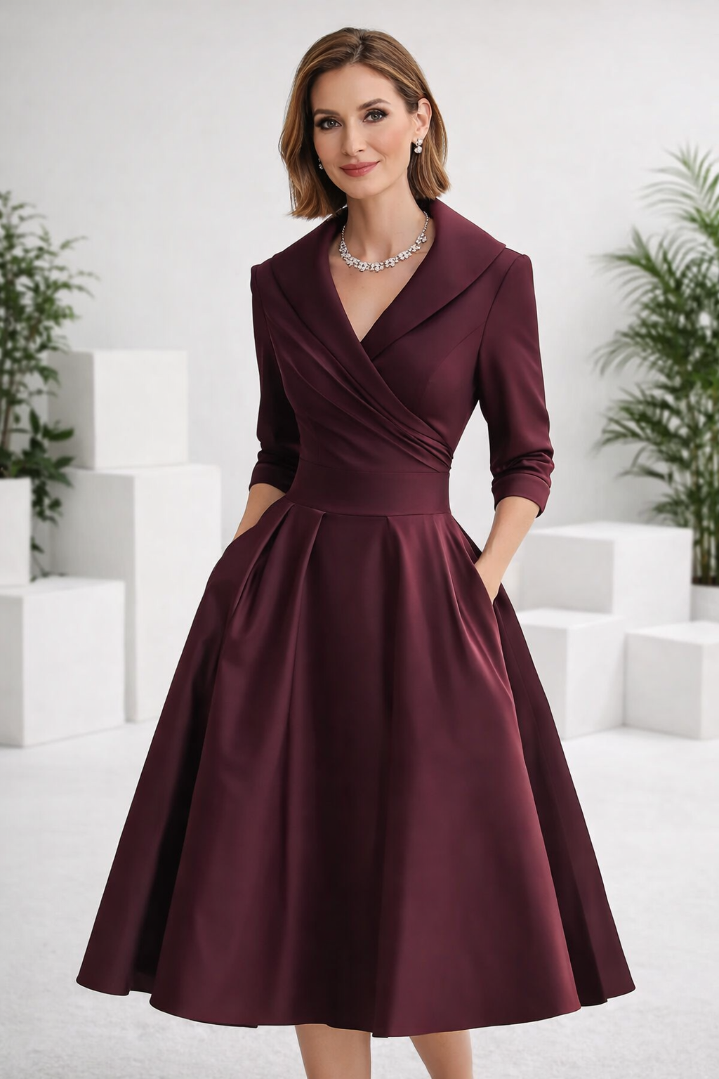 Damen Midikleid A-Linie Schalkragen V-Ausschnitt 3/4 Ärmel tailliert elegant