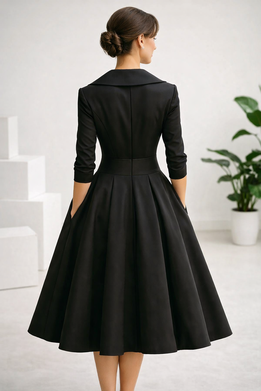 Damen Midikleid A-Linie Schalkragen V-Ausschnitt 3/4 Ärmel tailliert elegant