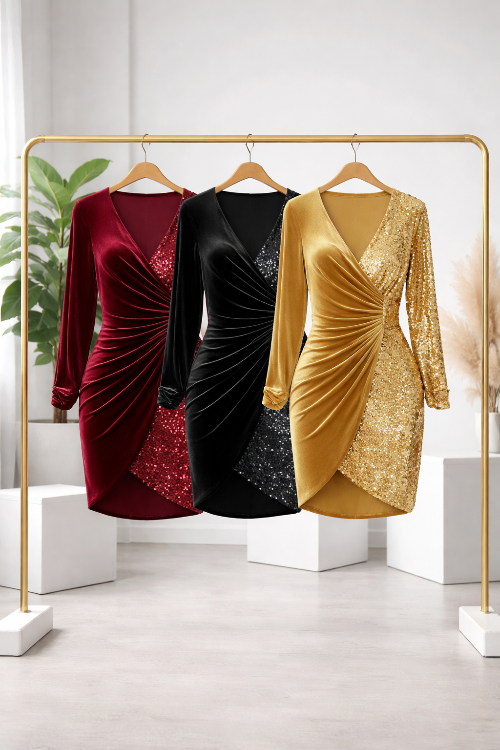 Damen Abendkleid glitzernd V-Ausschnitt gekreuzt tailliert elegante Passform für Events und Feiern