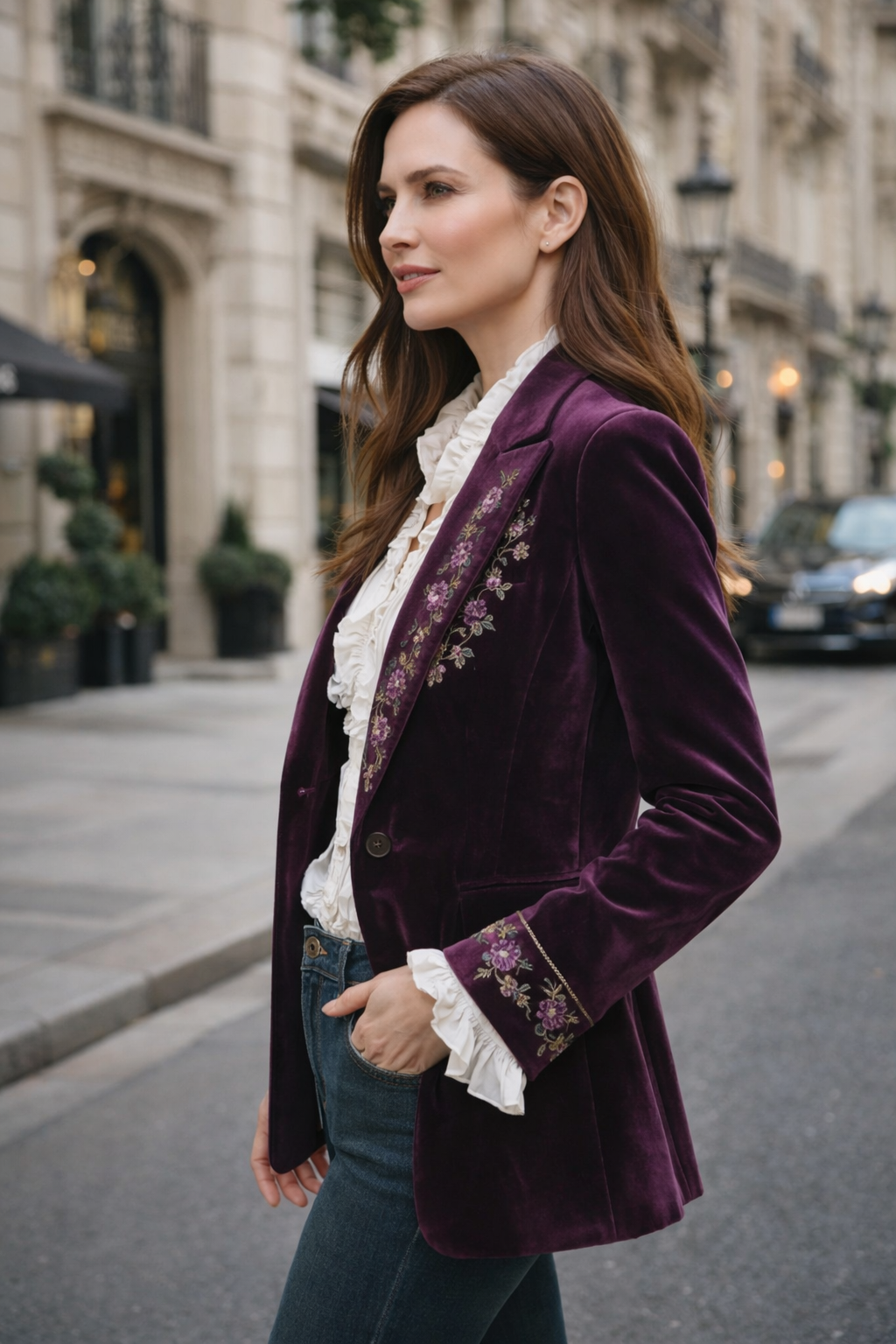 Damen Blazer Samt Elegant Revers Langarm Lockerer Schnitt Casual
