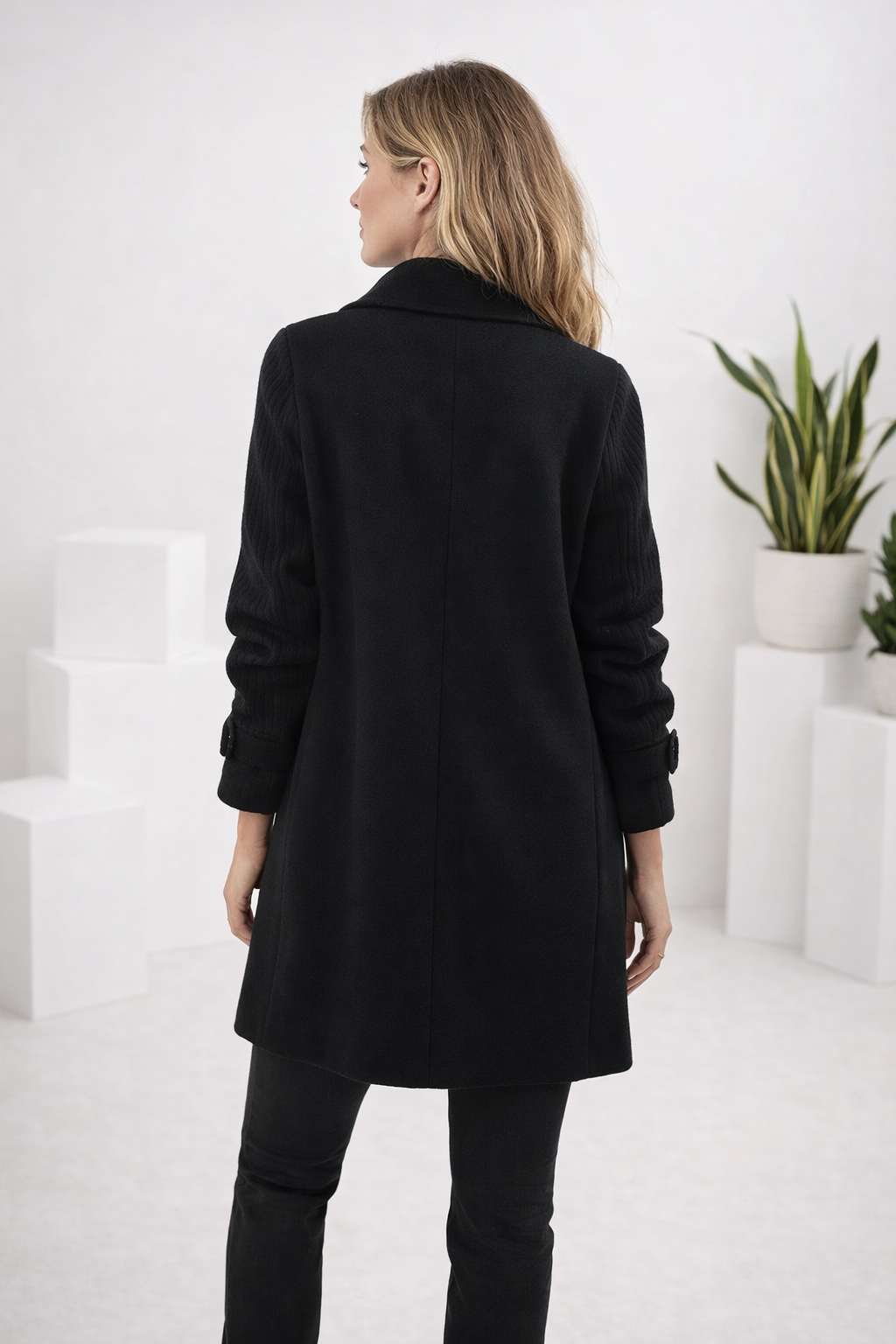 Damen Mantel Wolloptik Lang Rippärmel Schnallen Elegant Warm Strukturierter Kragen
