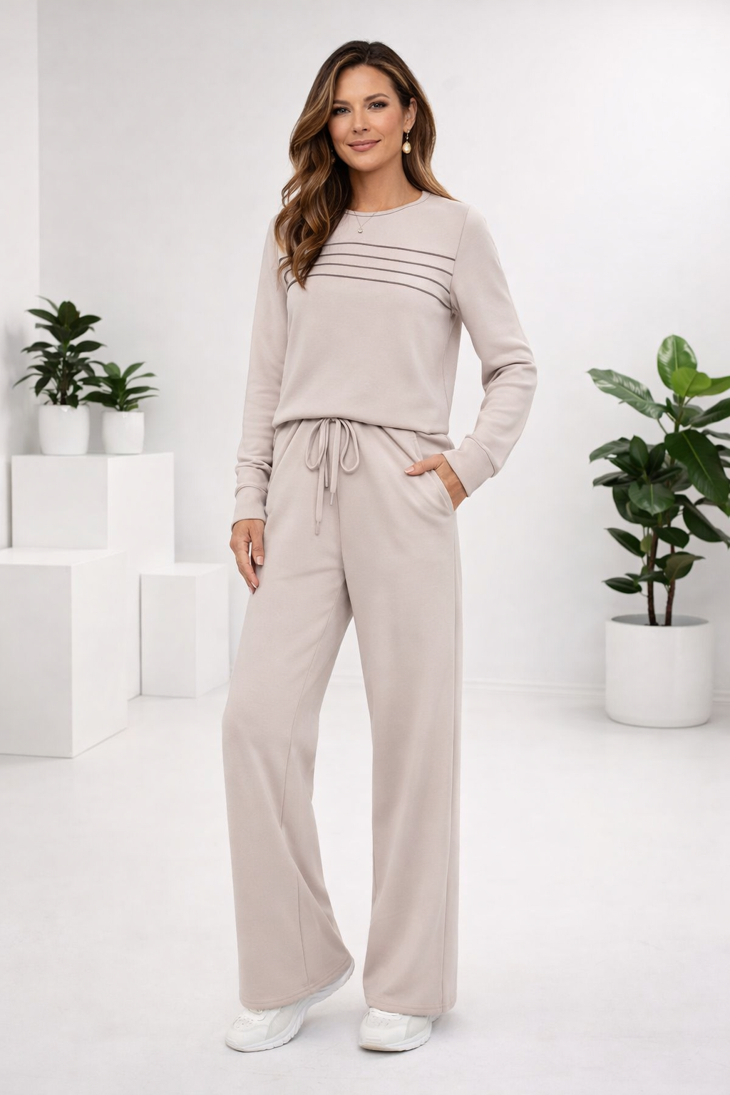 Damen Zweiteiler Regular Fit Rundhals-Top mit Kordelzughose Loungewear Set elastisch 2-teilig
