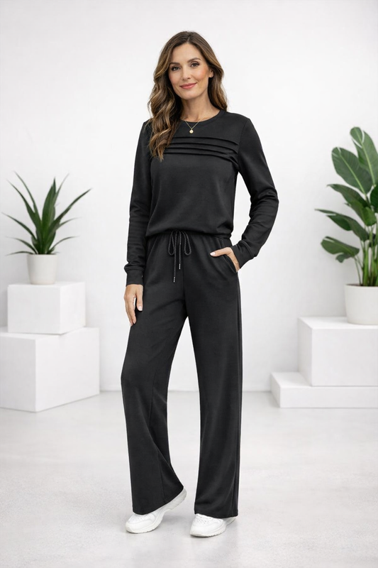 Damen Zweiteiler Regular Fit Rundhals-Top mit Kordelzughose Loungewear Set elastisch 2-teilig