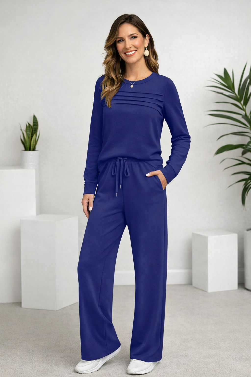 Damen Zweiteiler Regular Fit Rundhals-Top mit Kordelzughose Loungewear Set elastisch 2-teilig