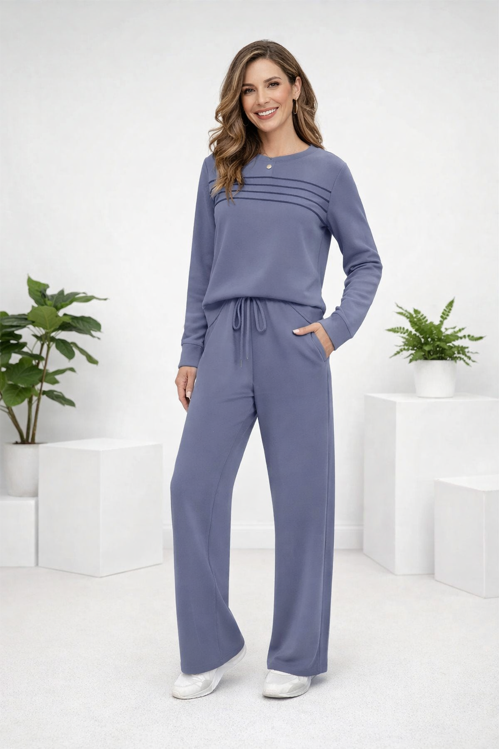 Damen Zweiteiler Regular Fit Rundhals-Top mit Kordelzughose Loungewear Set elastisch 2-teilig