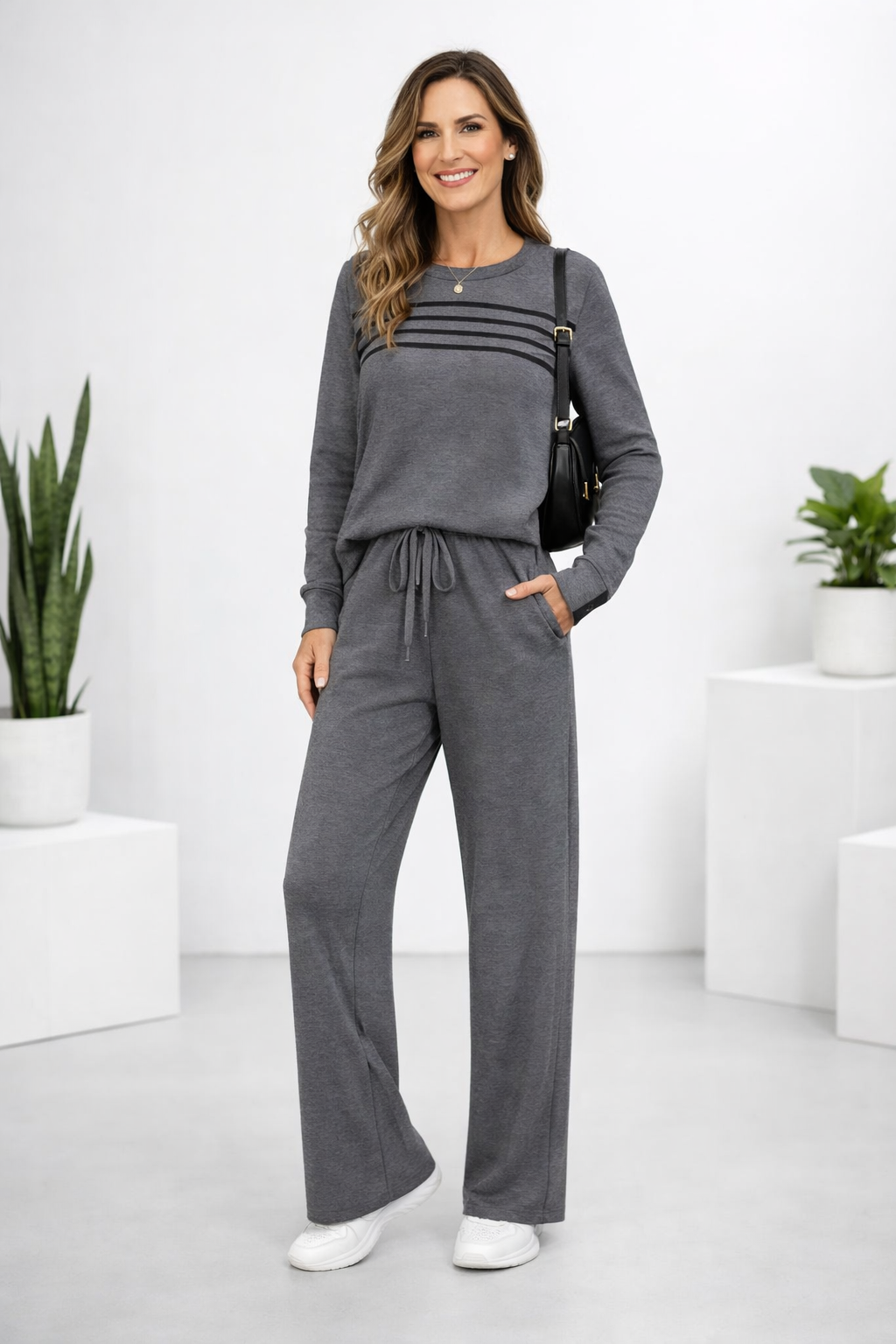 Damen Zweiteiler Regular Fit Rundhals-Top mit Kordelzughose Loungewear Set elastisch 2-teilig