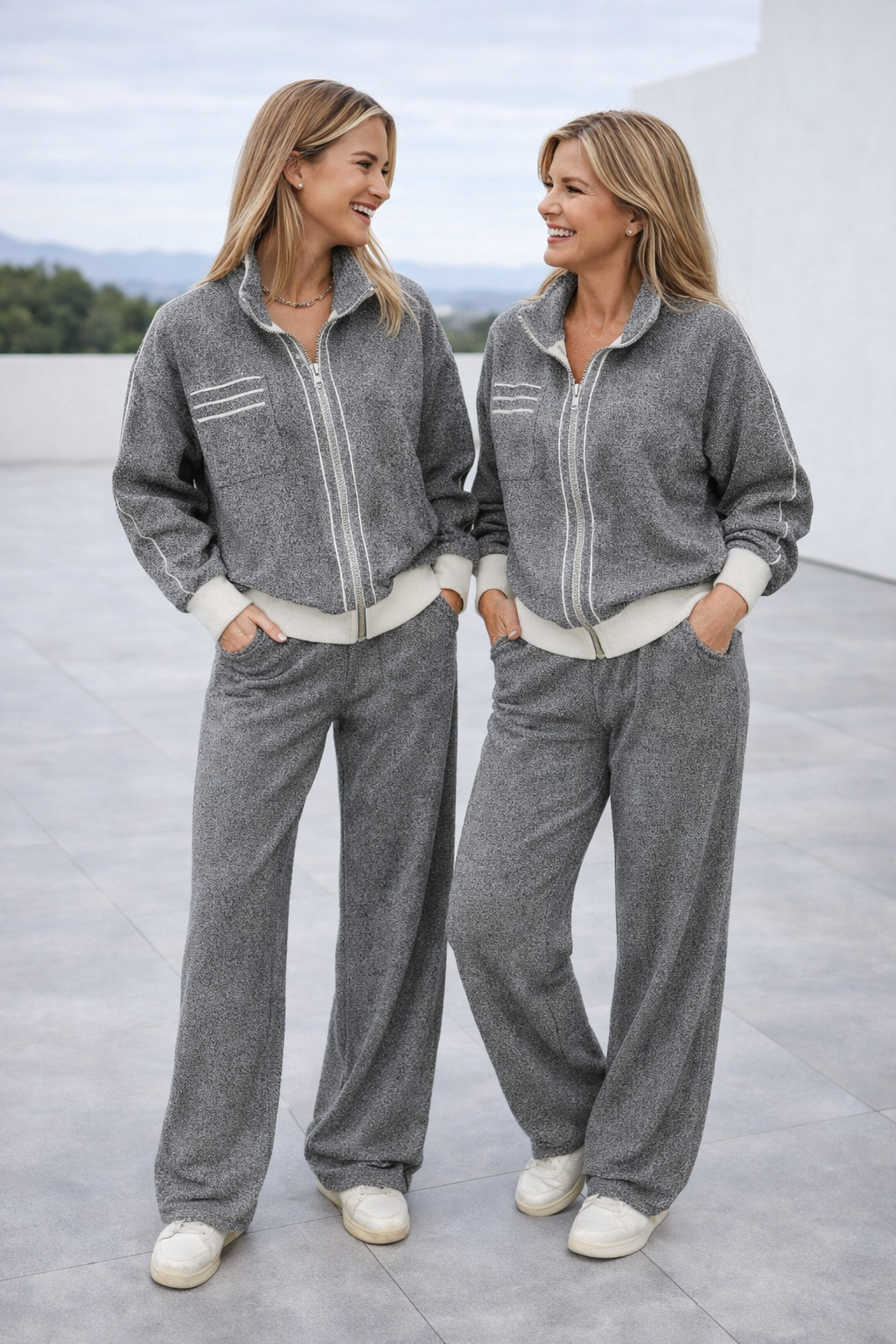 Damen Set Zweiteilig Grau Jacke Hose Regular Fit Bequem Freizeit Alltag Locker