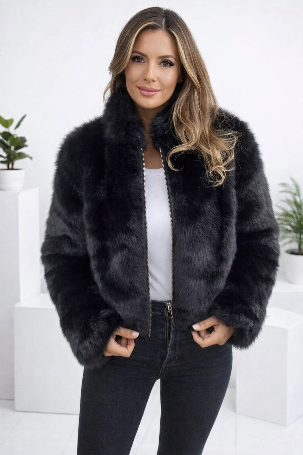 Damen Jacke Regular Fit Fell Optik Warm Elegant Reißverschluss Herbst Winter Alltag