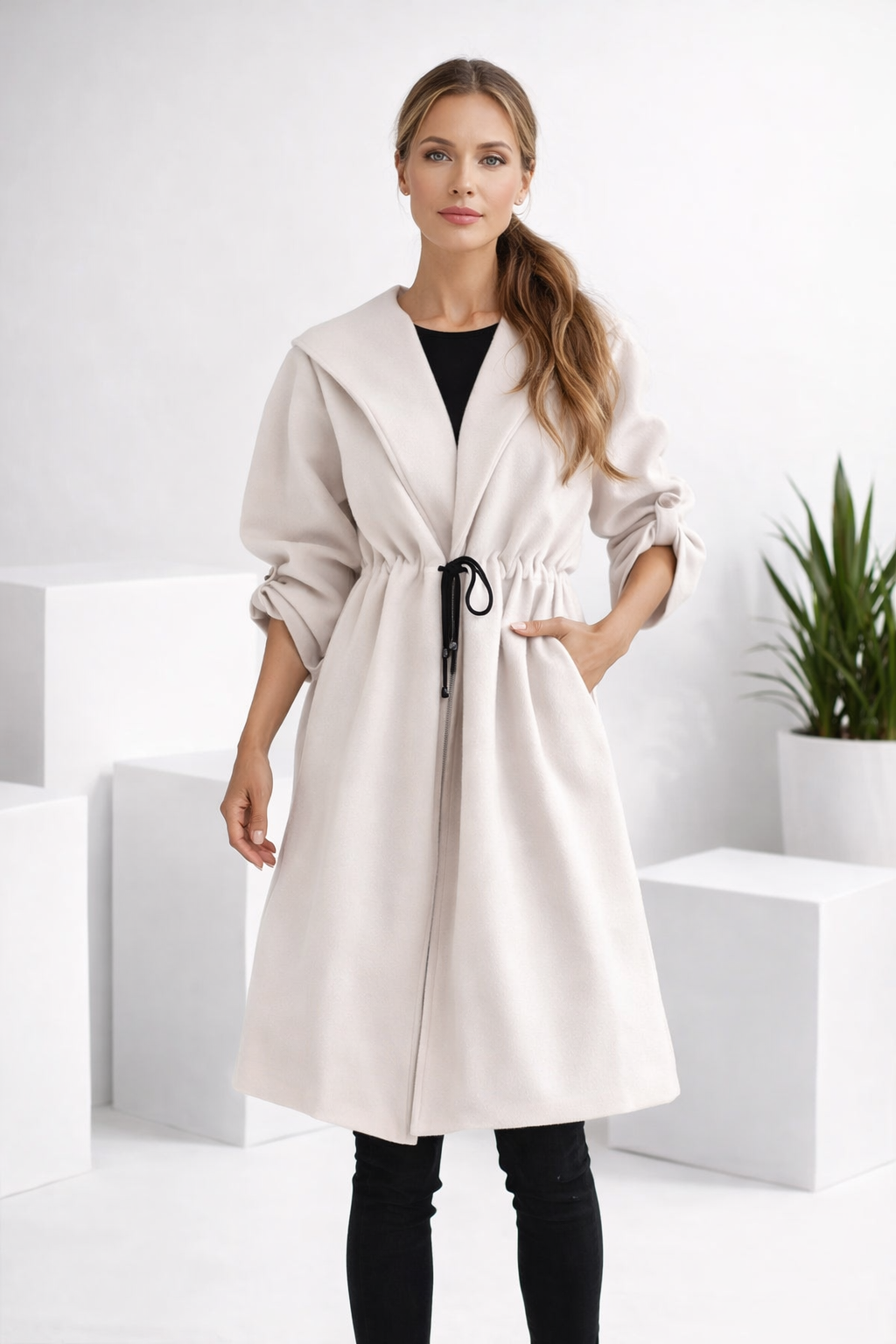 Damen Mantel Lang Kapuze Gürtel Lockerer Schnitt Rippstruktur Elegant Casual