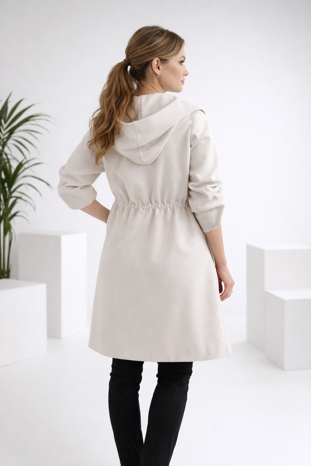 Damen Mantel Lang Kapuze Gürtel Lockerer Schnitt Rippstruktur Elegant Casual