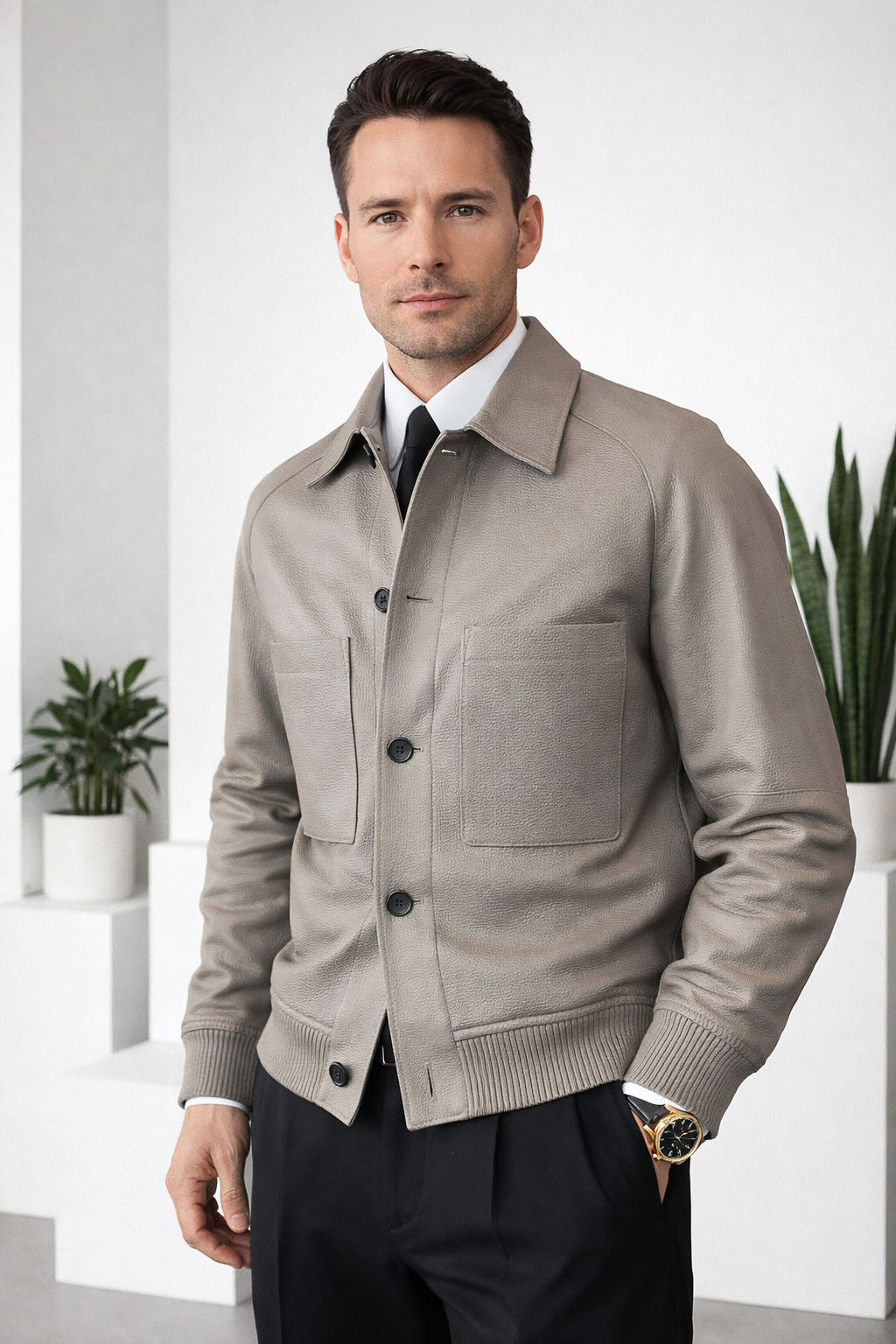 Herren Kunstlederjacke Regular Fit Klassischer Kragen Einreihig Warm Gefüttert Casual Elegant Freizeit