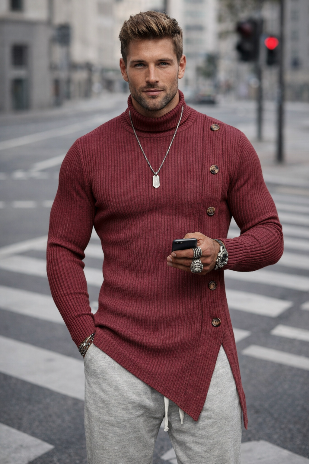 Damen Strickpullover Rollkragenpullover asymmetrisch Langarm elastisch bequem